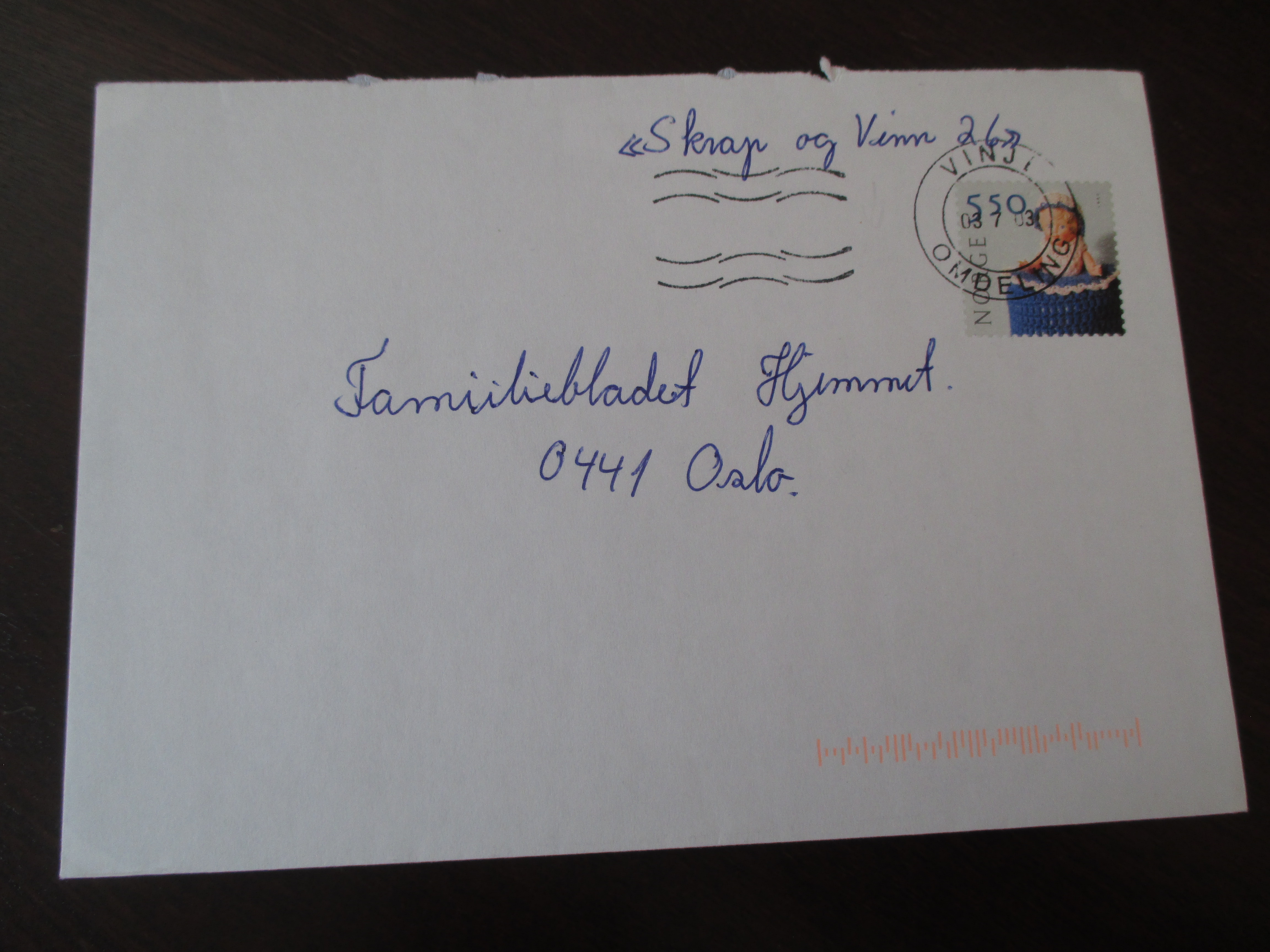 Brev st. Vinje Omdeling 03.07.2003. Maskinstempel.
