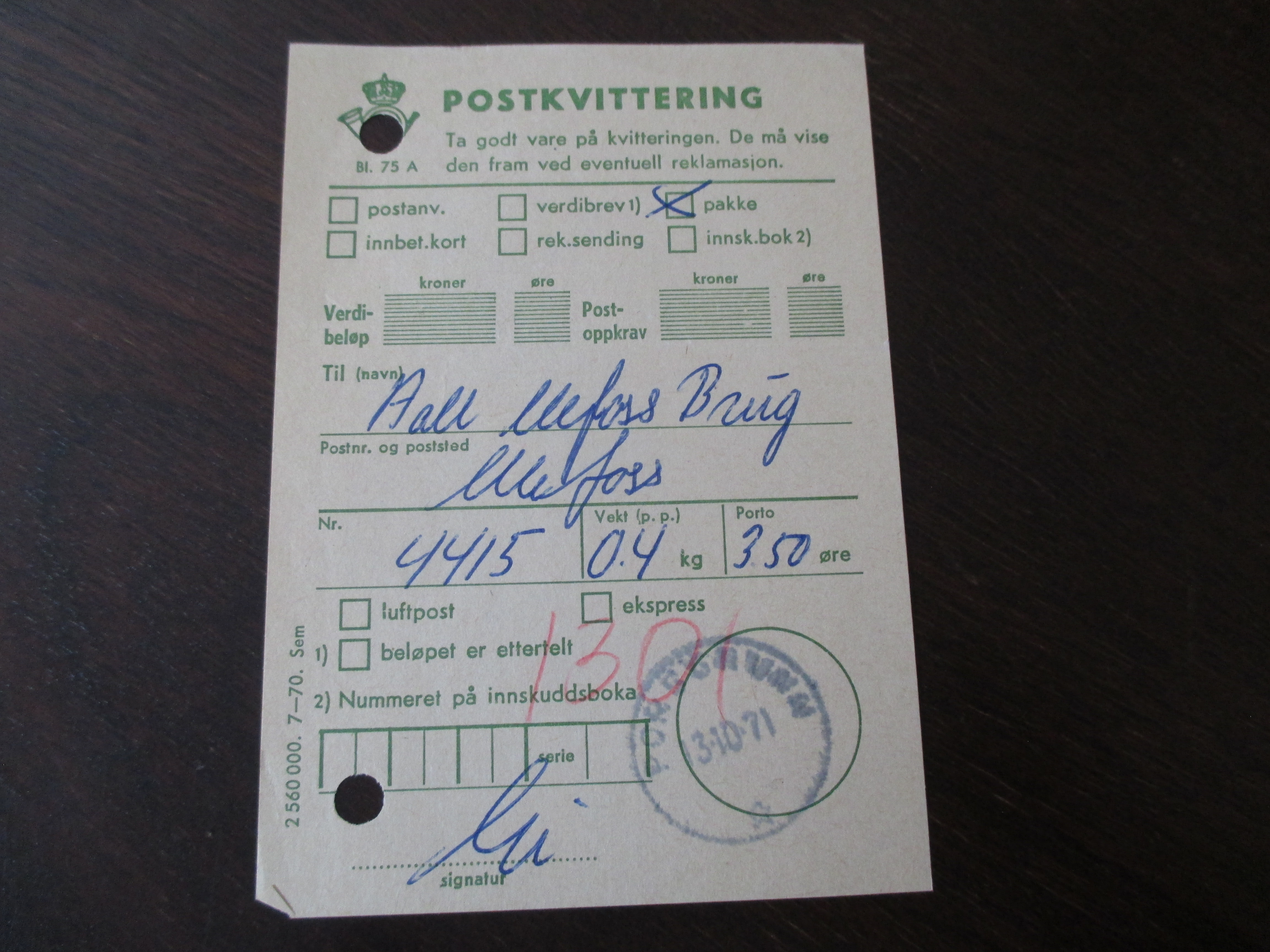 Postkvittering st. Porsgrunn 13.10.1971. (I22-stjerne)