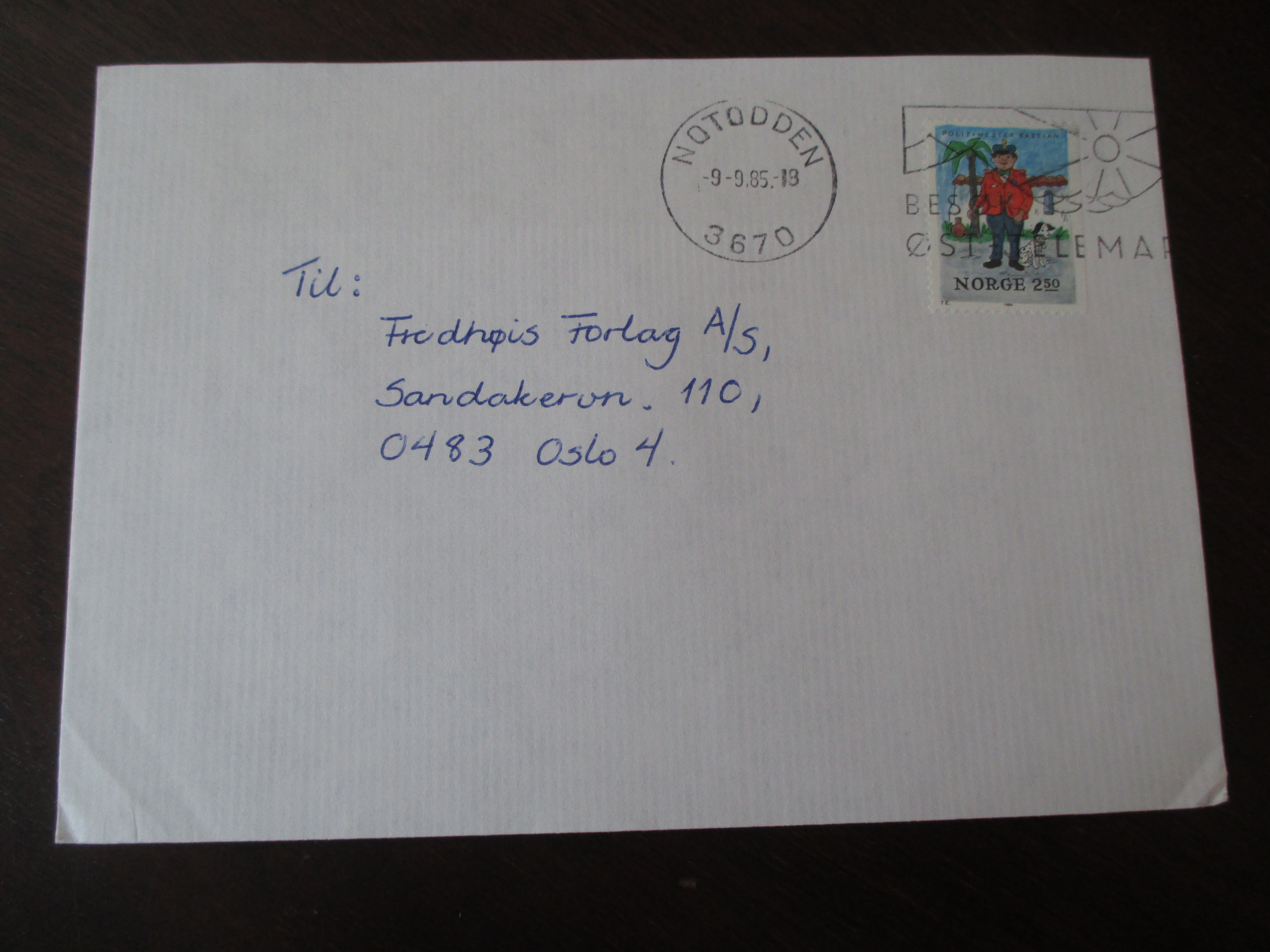 Brev st. Notodden 09.09.1985. TMS ''Besøk Øst - Telemark''