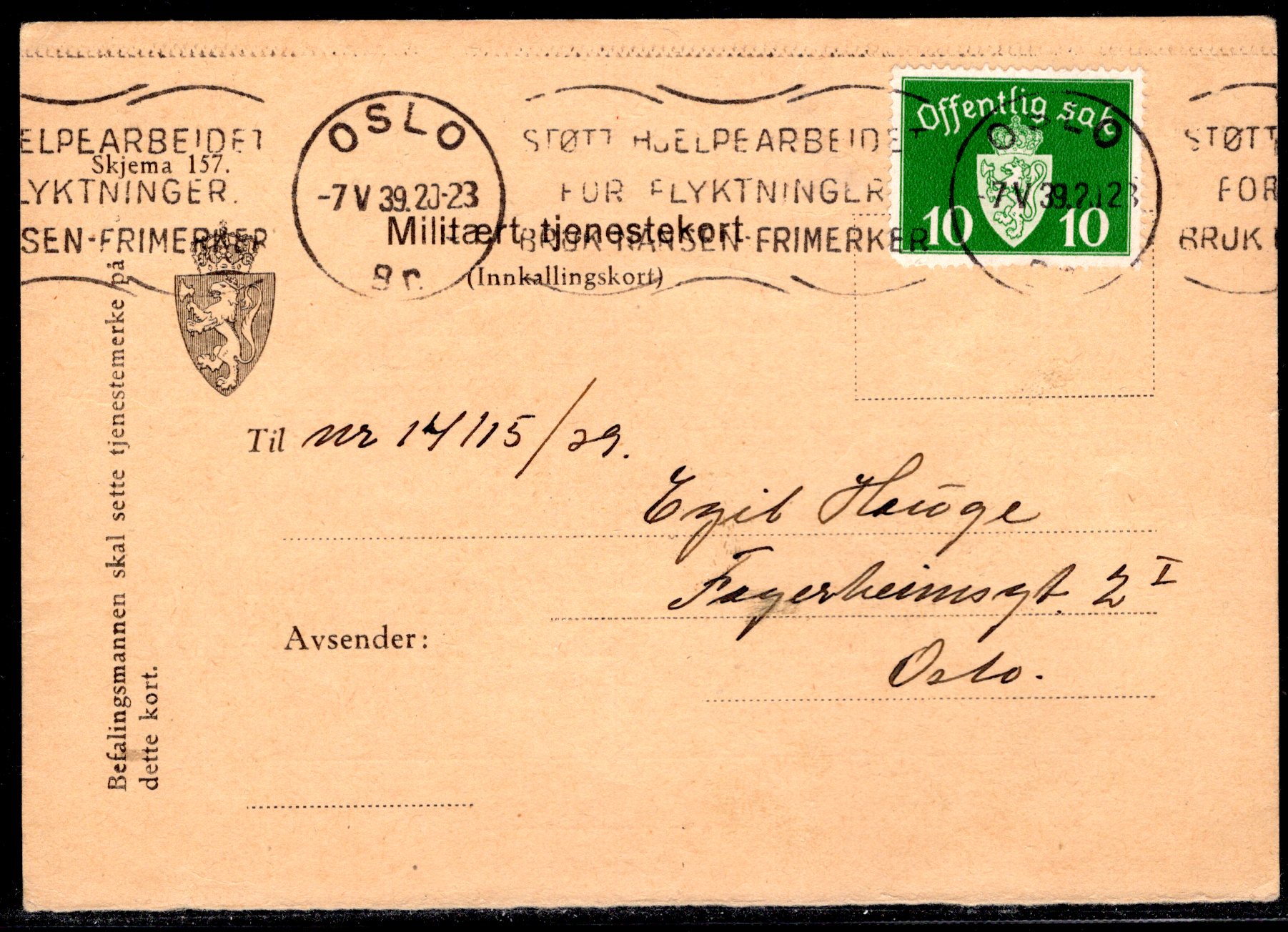 Tjenestebrevkort tekstst Oslo 1939 se scan