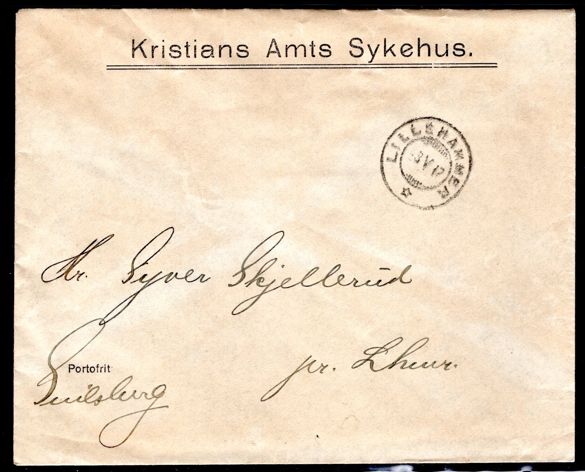 Portofritt brev stemplet Lillehammer 1917 se scan