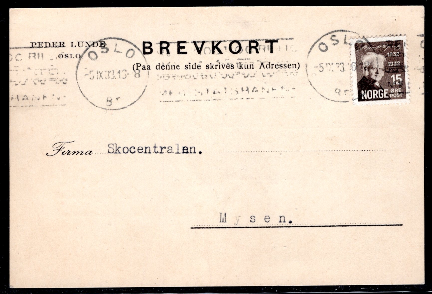 brevkort med NK 186 tekststemplet Oslo 1933 se scan