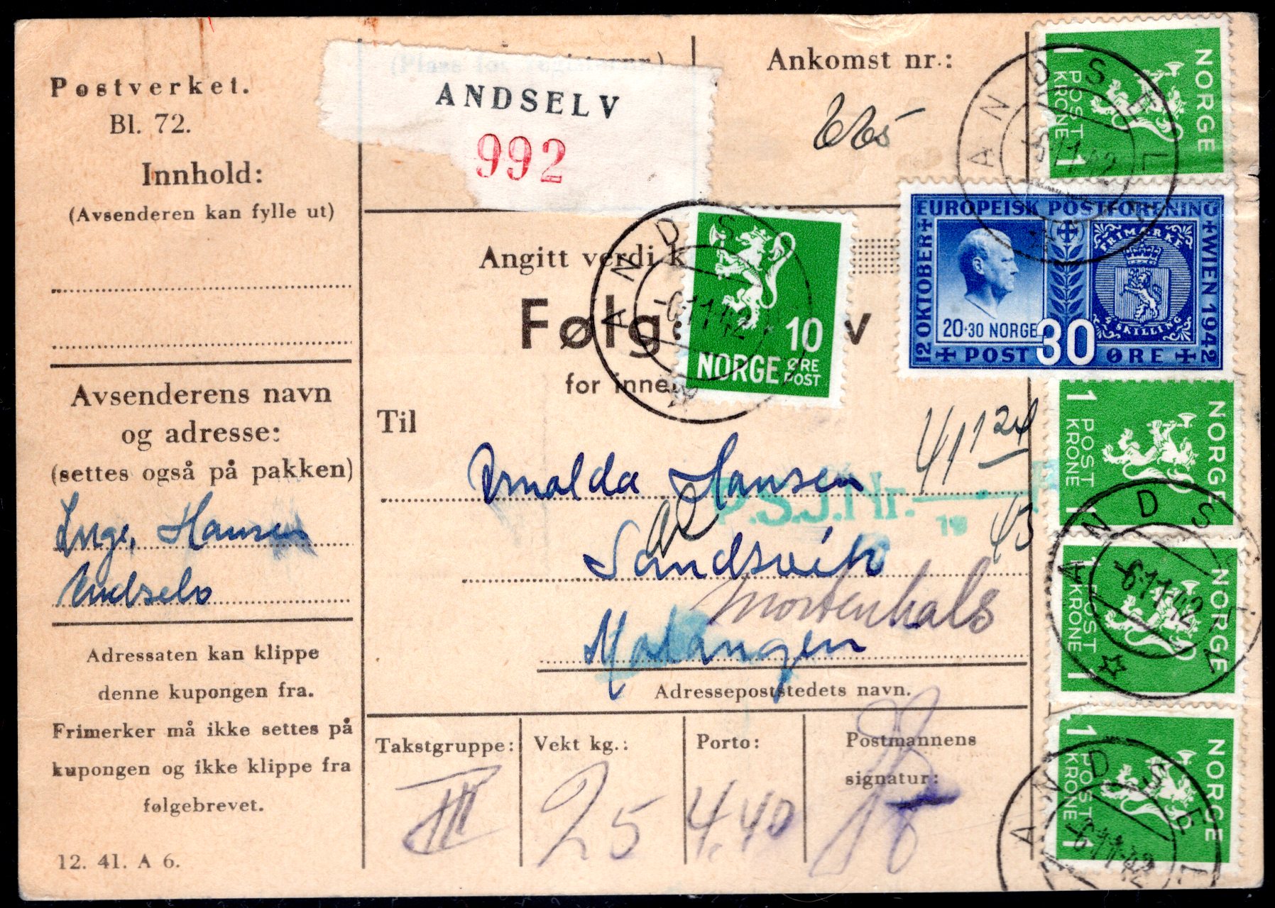 Følgebrev stemplet Andselv 1942 ank Mortenhals se scan
