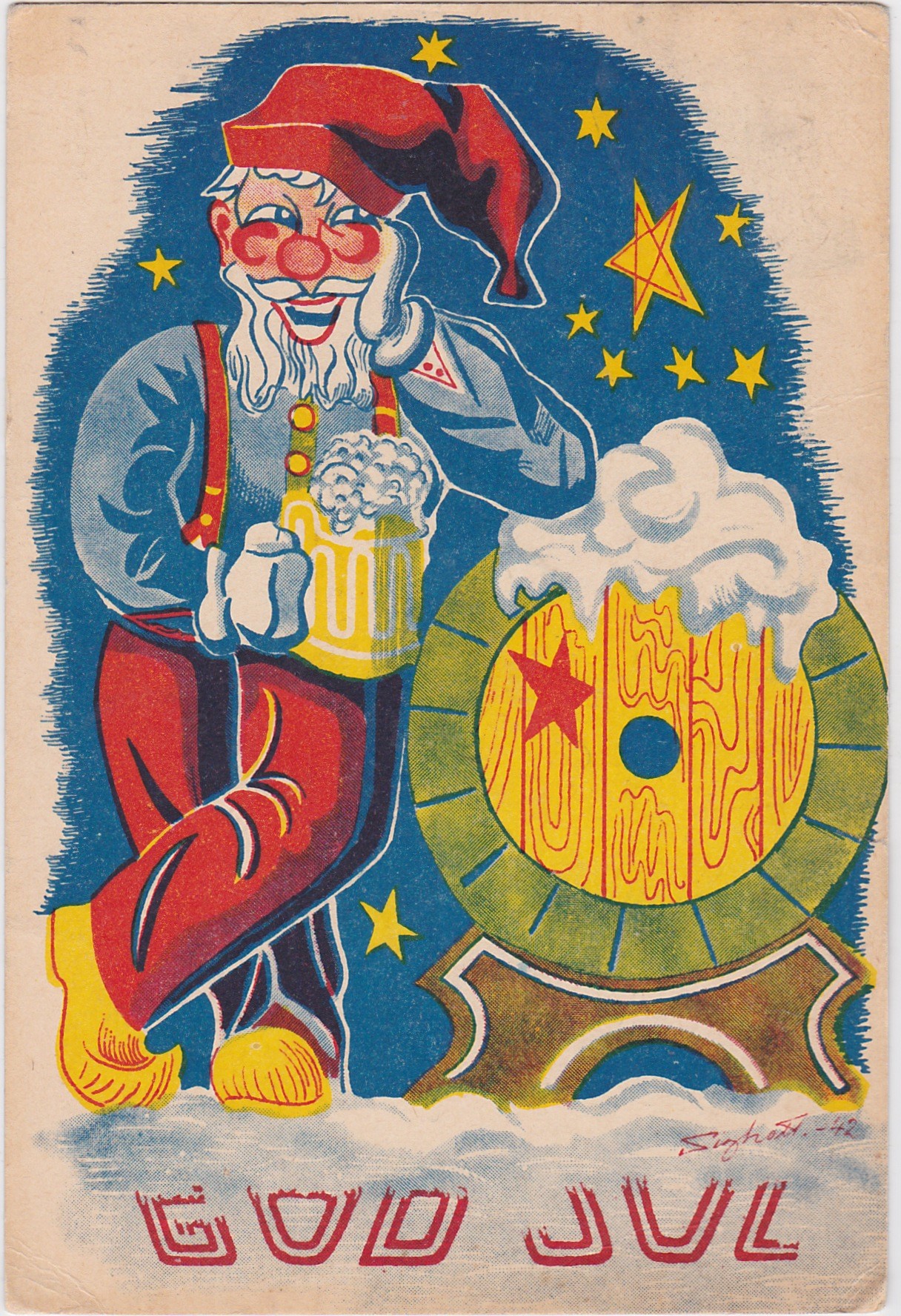 Finn Sigholt-Blid Nisse hygger seg med et glass øl-God Jul-Signert -42