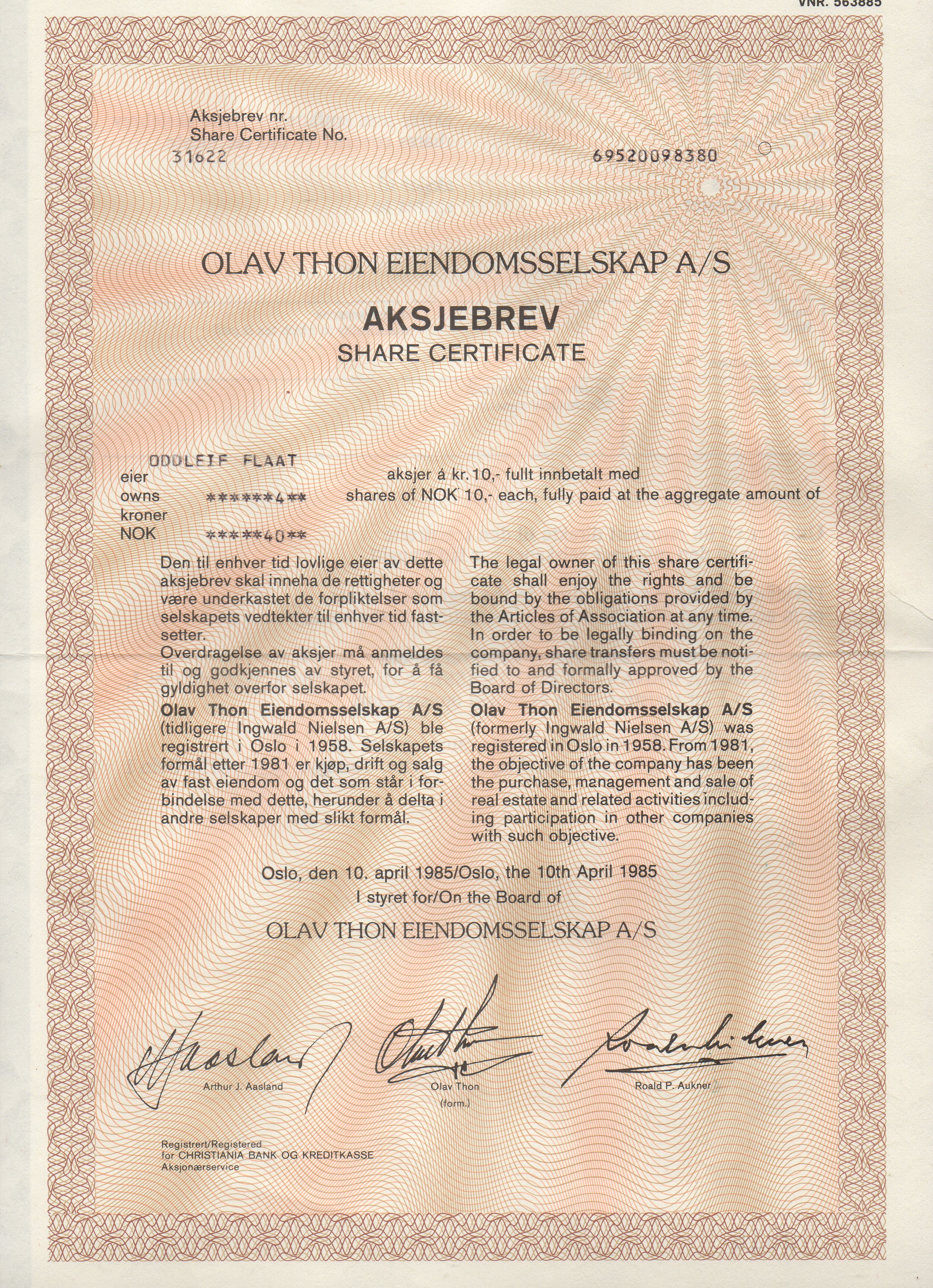 Olav Thon Eiendomsselskap A/S - Aksjebrev 10. april 1985