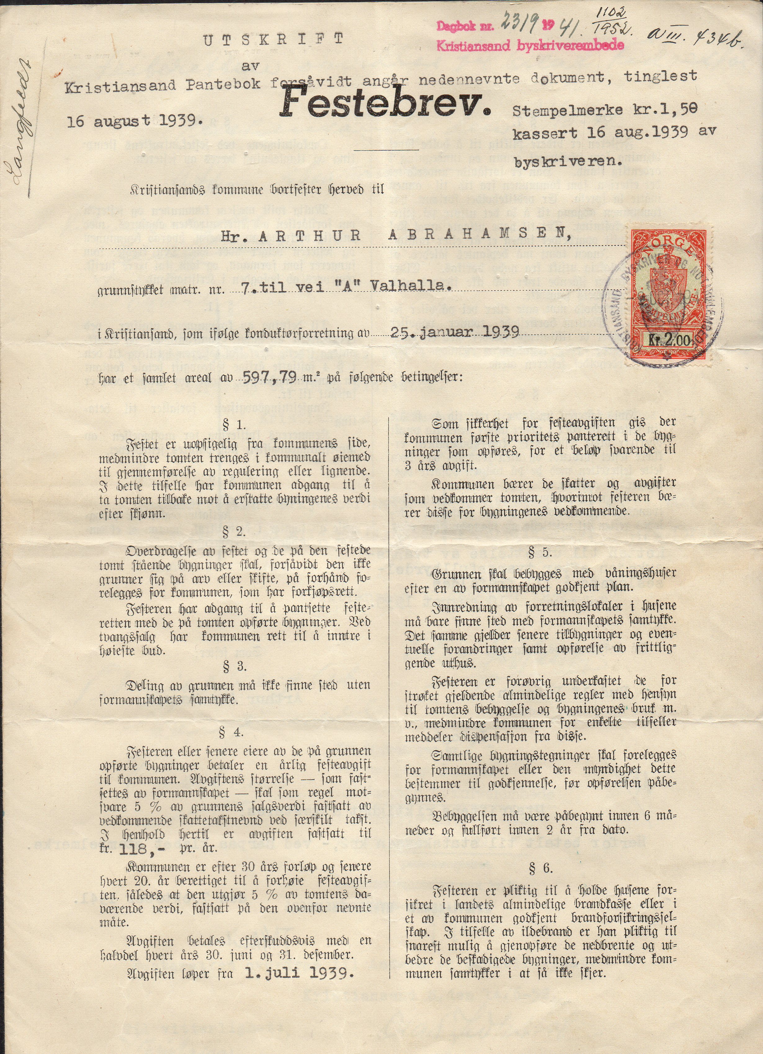 Festebrev m/Stempelmerke 2 kr 16 aug. 1939