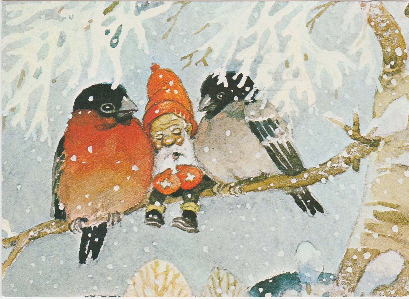 Trygve M. Davidsen-Nisse sitter på en gren og sover mellom 2 Dompap