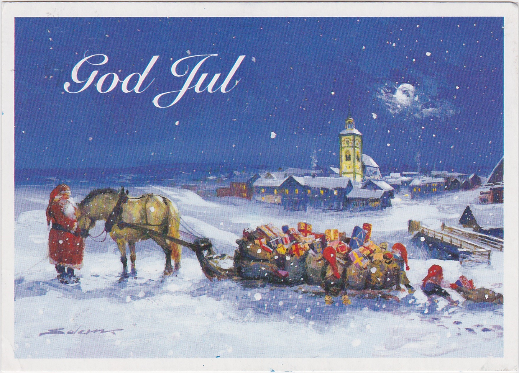Svein Solem-Julenissen med hest og slede og mange små nisser til hjelp på Røros-God Jul