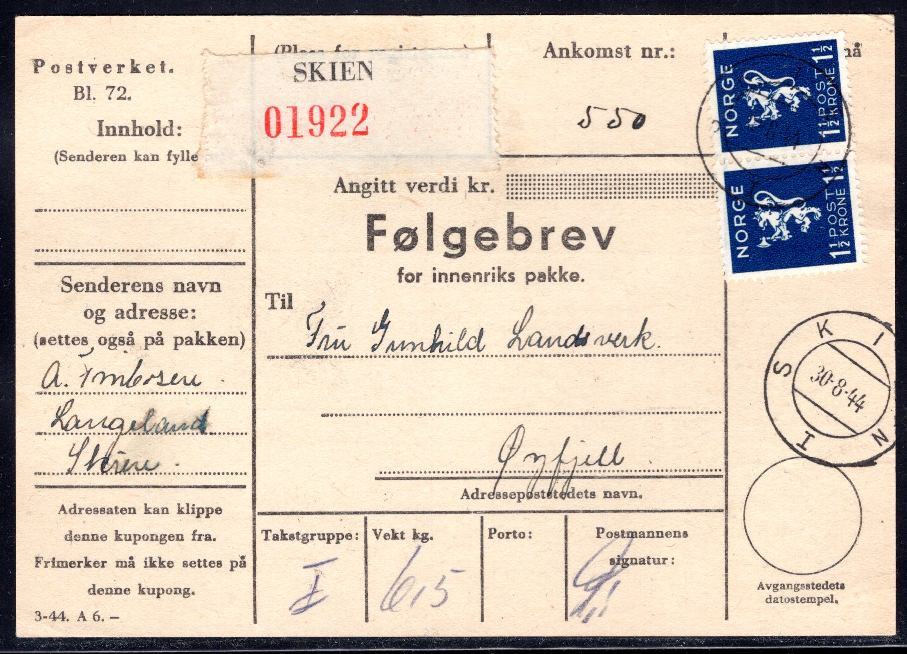 Følgebrev stemplet Skien 1944 ankst Øyfjell se scan