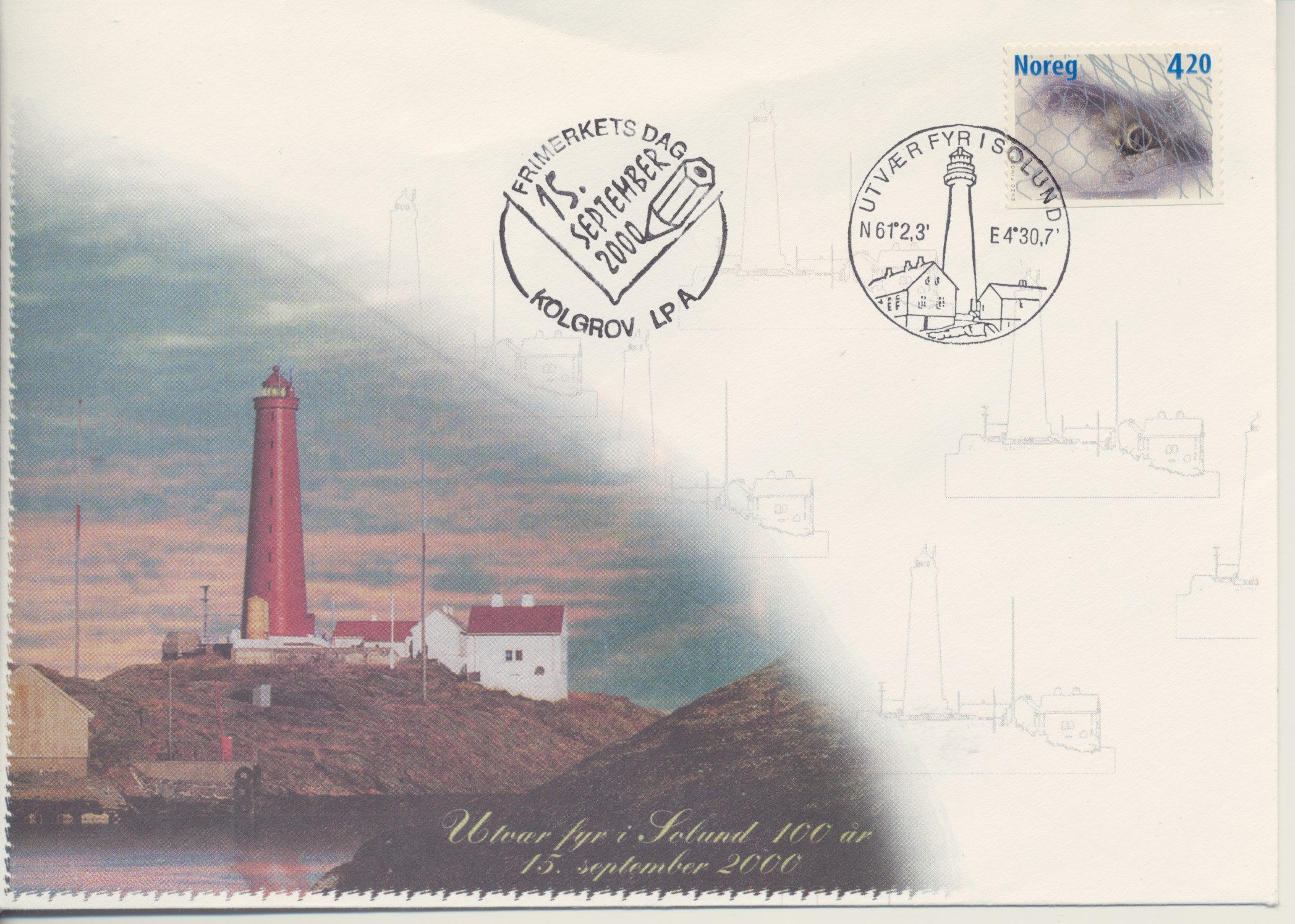 Utvær fyr i Solund, stpl Kolgrov LPA 15.9.2000 + særstempel