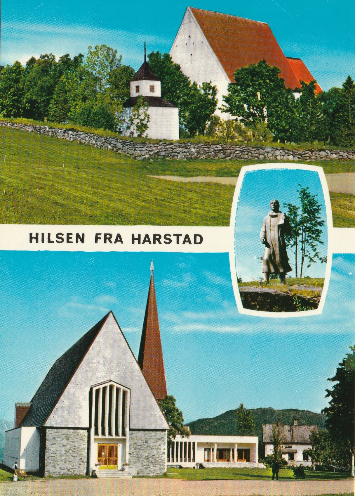 Hilsen fra Harstad. Trondenes kirke og Harstad kirke .  Aune M-5172-1