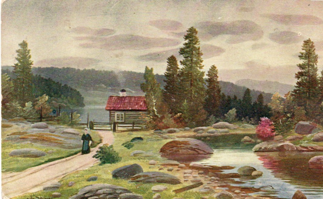 Mjösen. Tegnet kort. J.H.K 2153. Kolorert kort påskr.1919