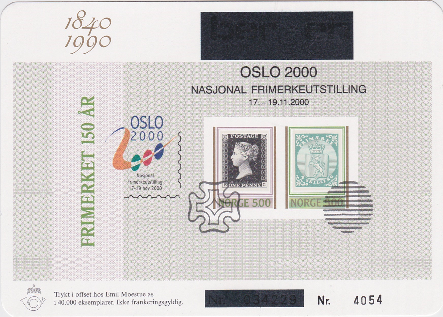Utstillingskort Nr 4054-Oslo 2000-Nasjonal frimerkeutstilling 12-19.11.2000