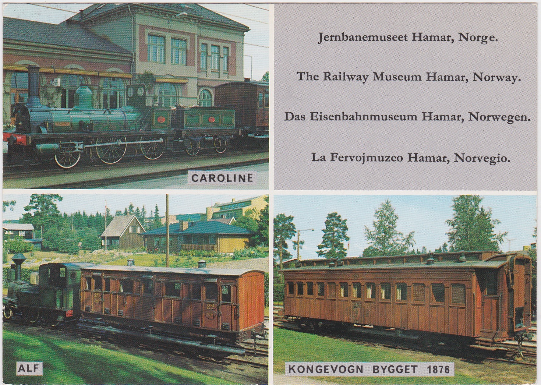 Jernbanemuseet Hamar 3 bilders kort med lokomotiver Kongevogn mm-stemplet 1982