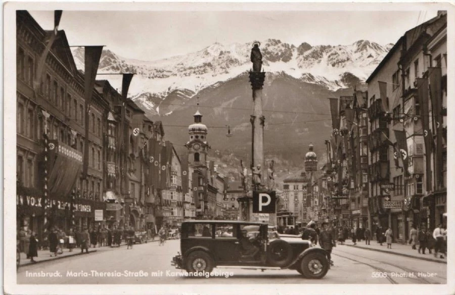 Innsbruck - Maria-Theresia-Strasse med Karwendel-fjellene - 1938 - Østerrike - Postkort
