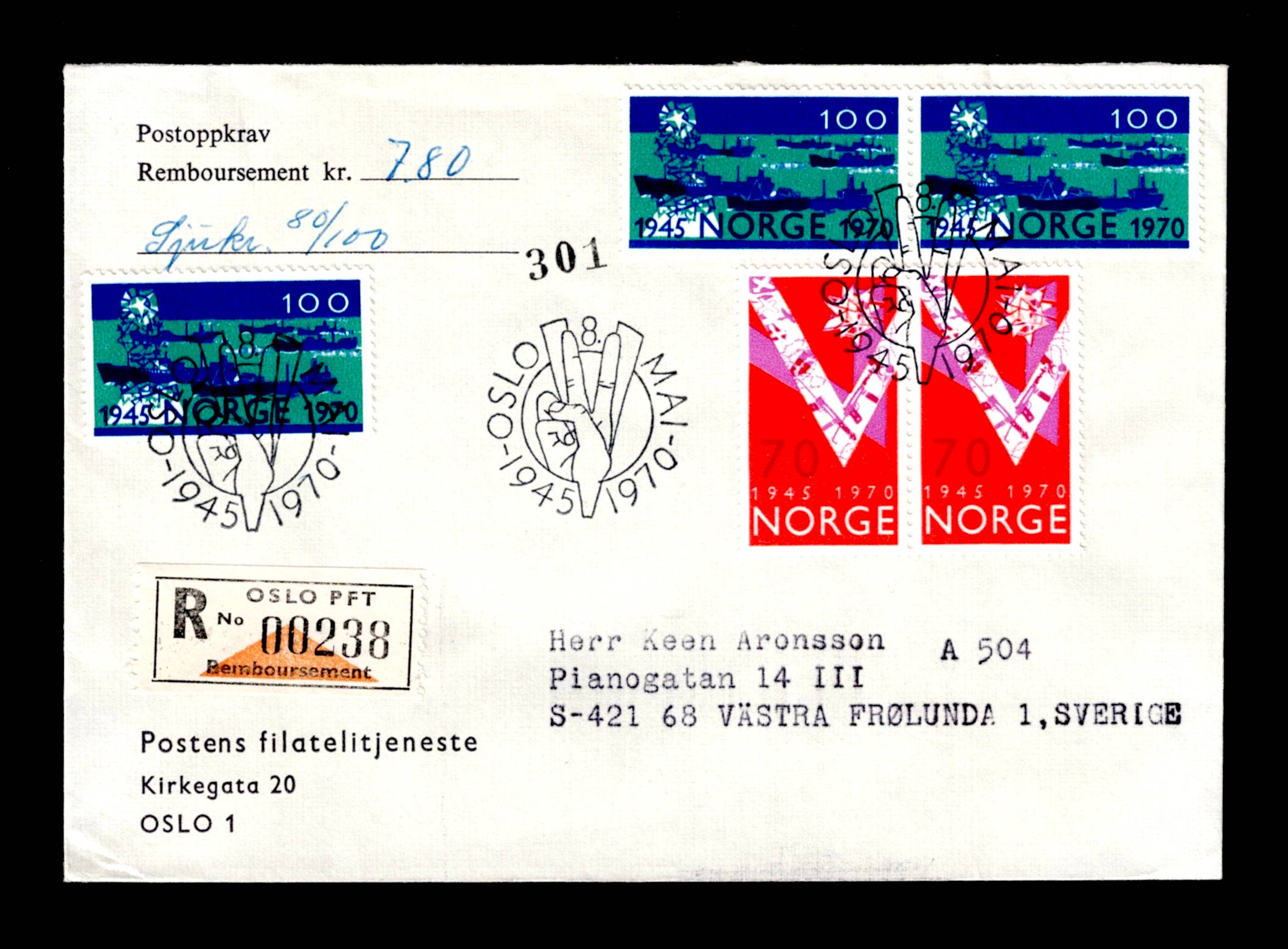FDC 1970 NK653.654 Frigjøring vignet PFT REK/Oppkrav