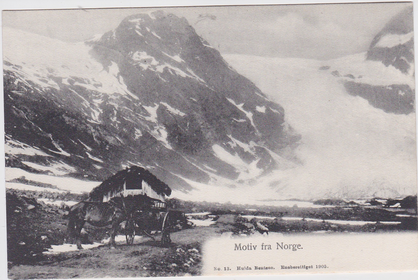 Motiv fra Norge-Fjellmotiv-Hesten koblet fra vogna utenfor seter på fjellet-Ener, Hulda Bentzen 1905-Ubrukt