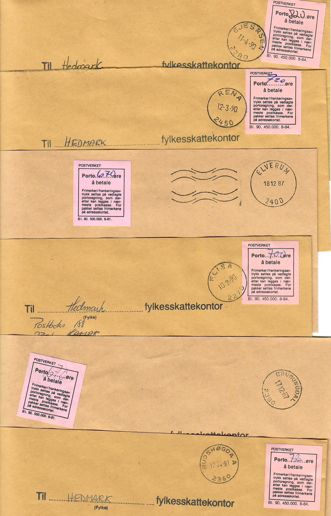 ca 125 under- eller ufrankerte brev til Hedmark fylkesskattekontor