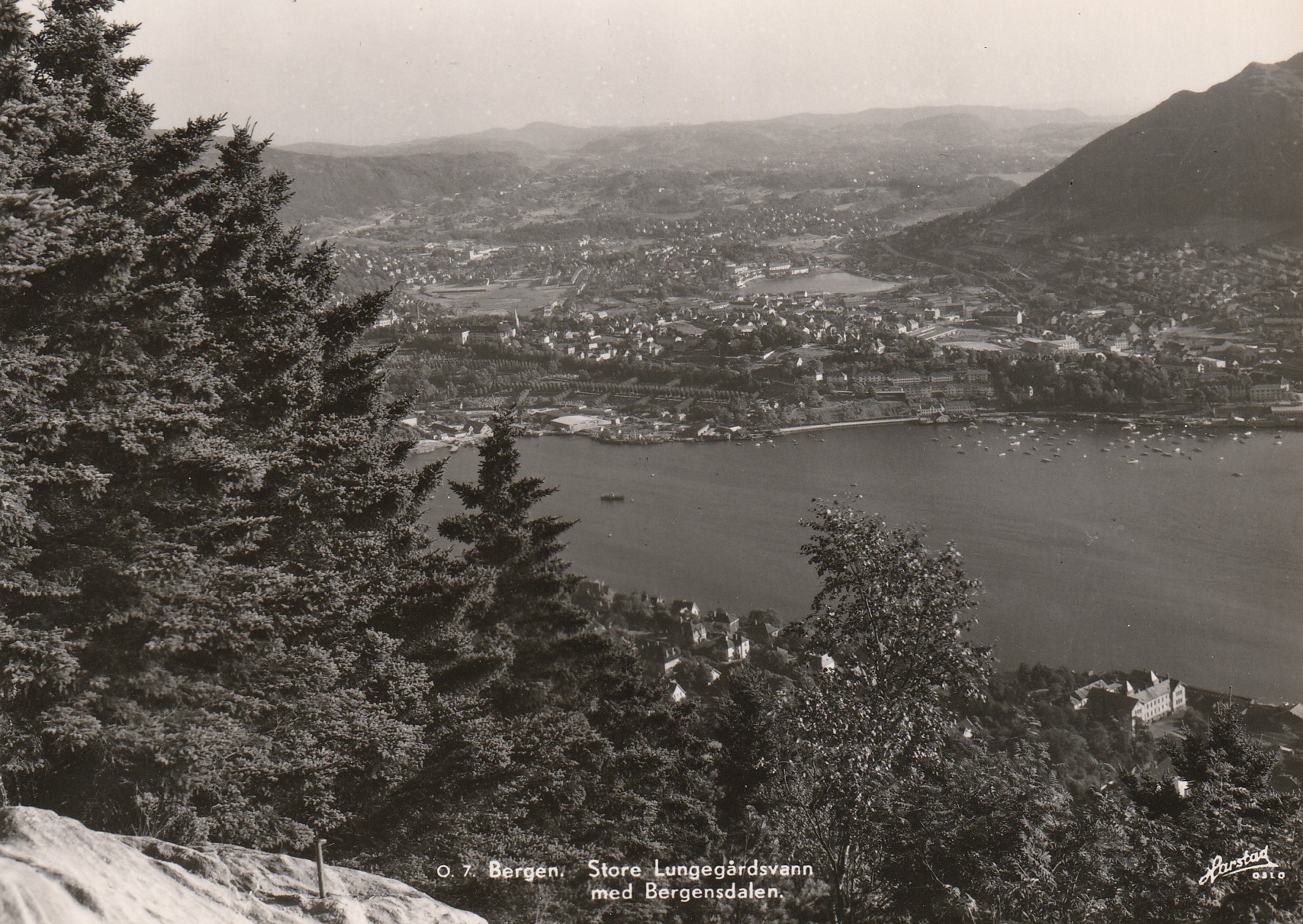 Bergen. Store Lungegårdsvann med Bergensdalen . Harstad O.7.
