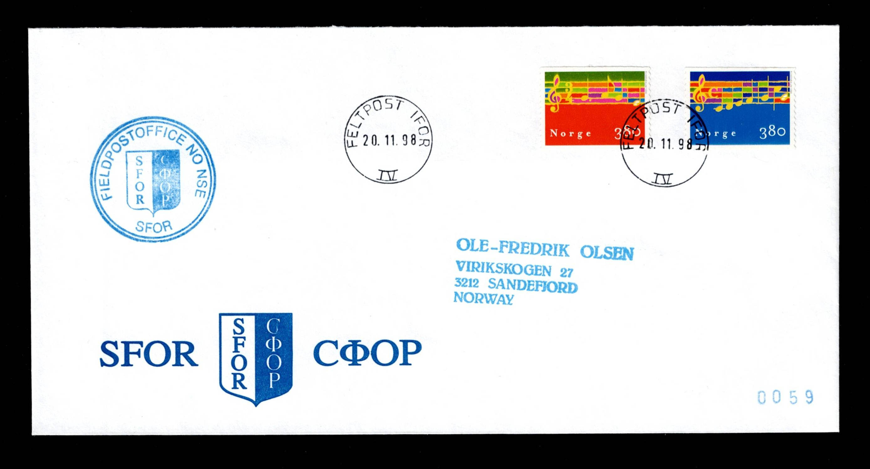 FDC 1998 NK1346-47 Juletoner FELTPOST vignet SFOR