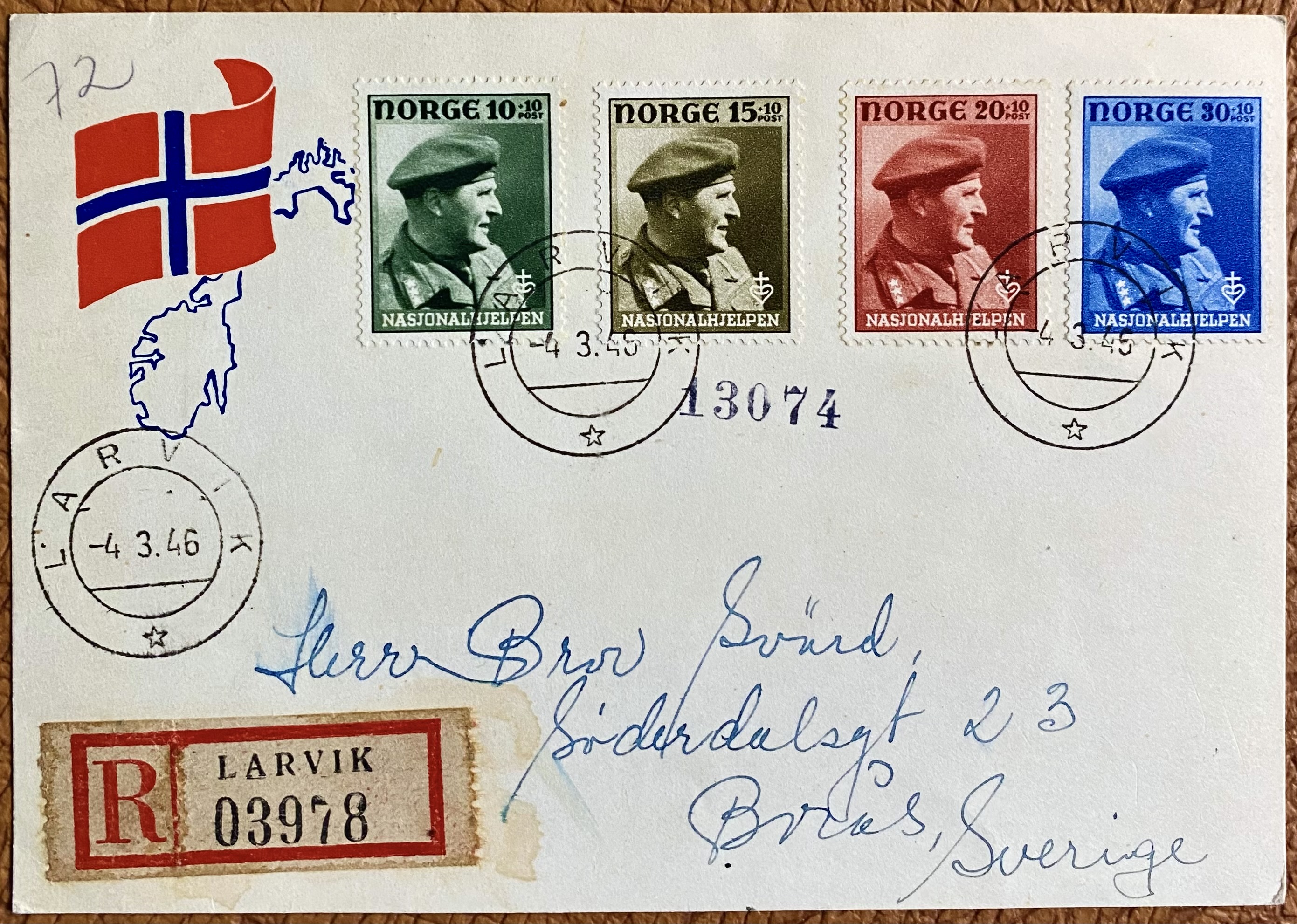 FDC NK 345-348 Kort Stemplet Larvik Adr Sverige