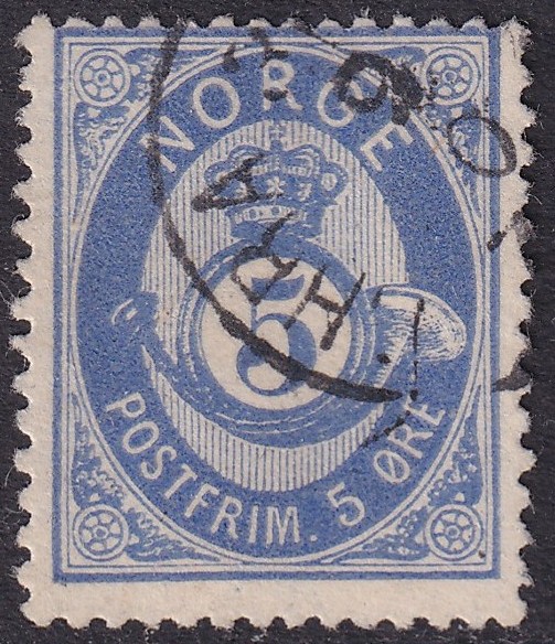 Nk 24Ia 5 øre skravert posthorn 1877/78