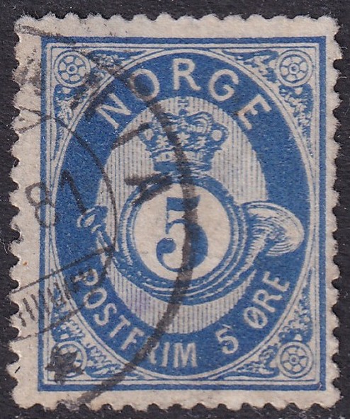 Nk 24Ib 5 øre skravert posthorn 1877/78