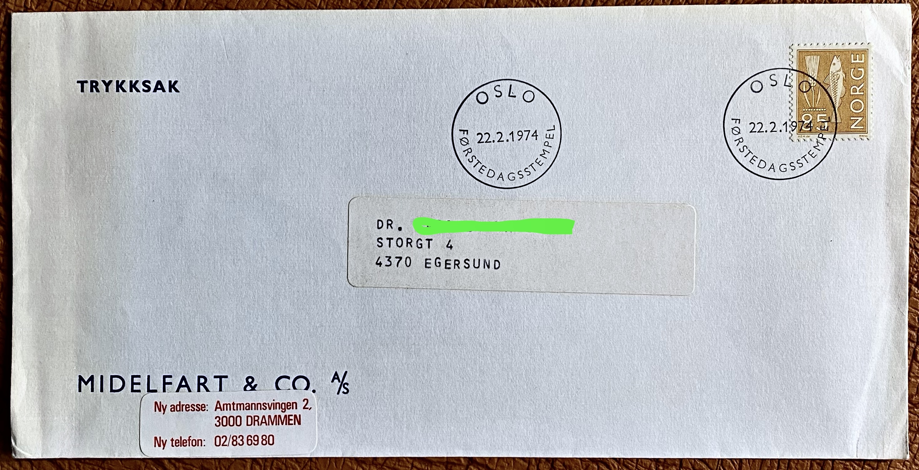 FDC NK 725 Vignett: Midelfart & CO A/S Adr. Egersund