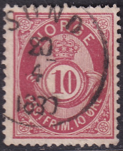 Nk 25II 10 øre skravert posthorn 1877/78 Sund (grad 5)