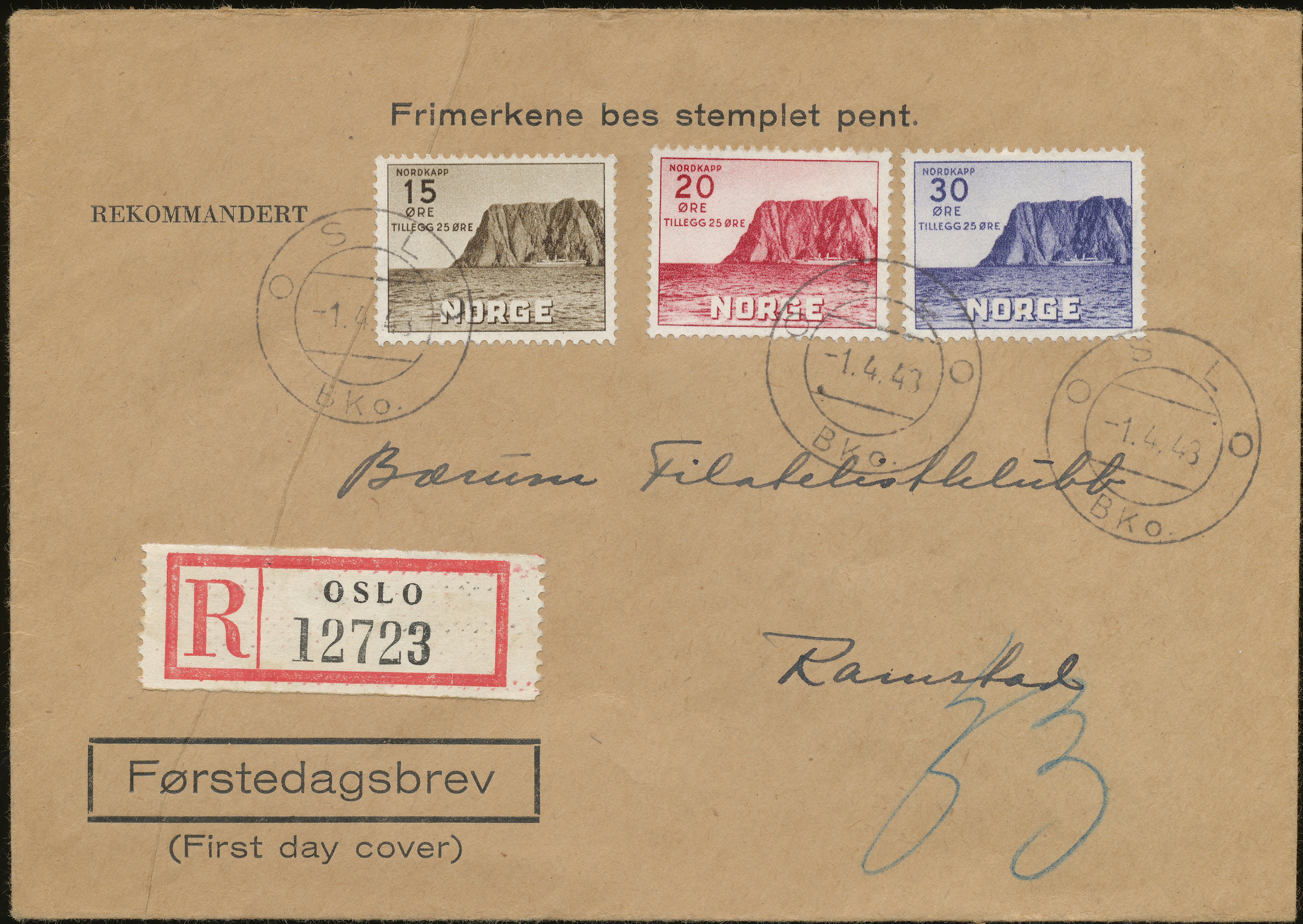 FDC 1943 NK311-NK313 tekstvignett 1 REK Oslo