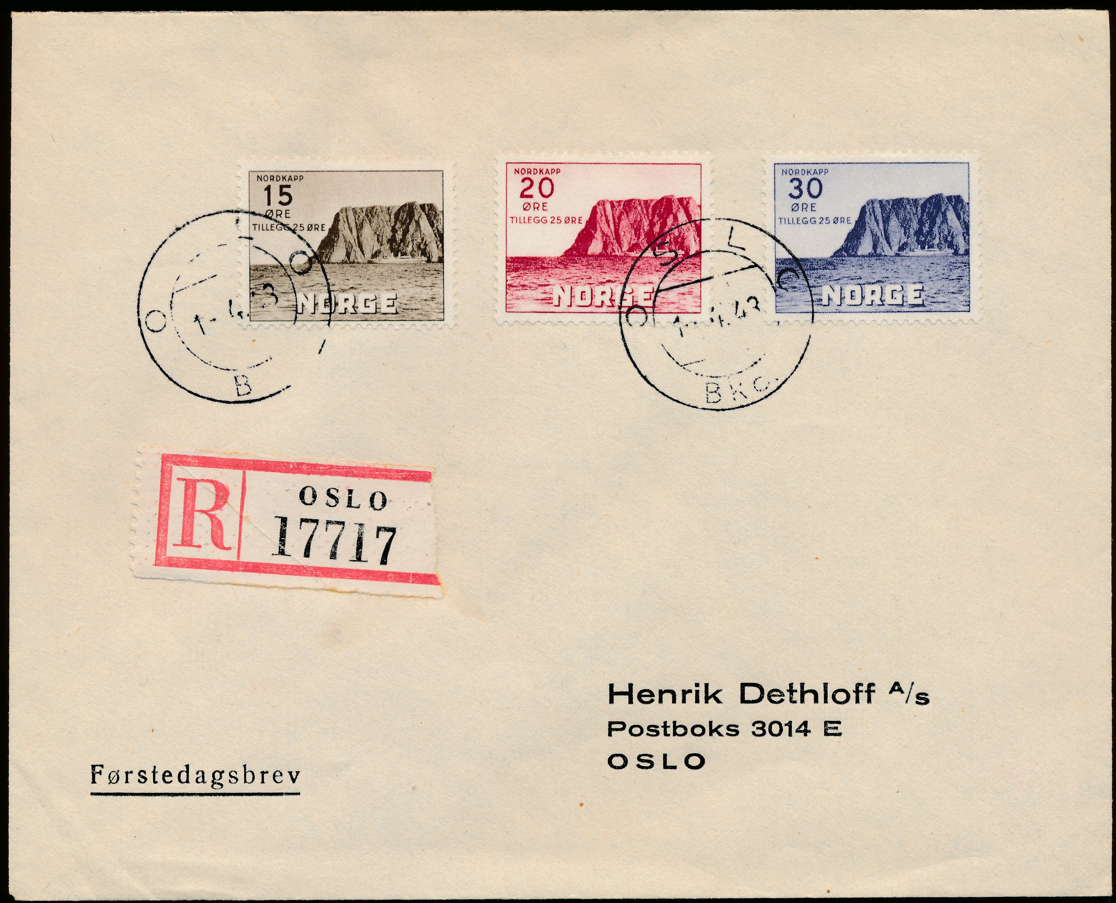 FDC 1943 NK311-NK313 tekstvignett 2 REK Oslo