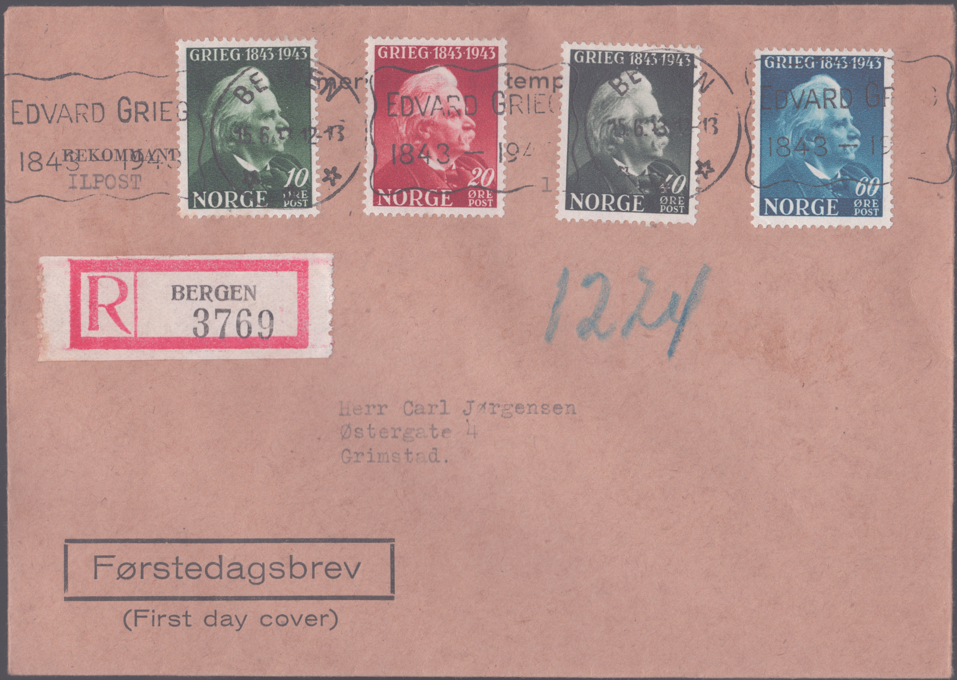 FDC 1943 NK314-NK317 tekstvignett 1 REK Bergen
