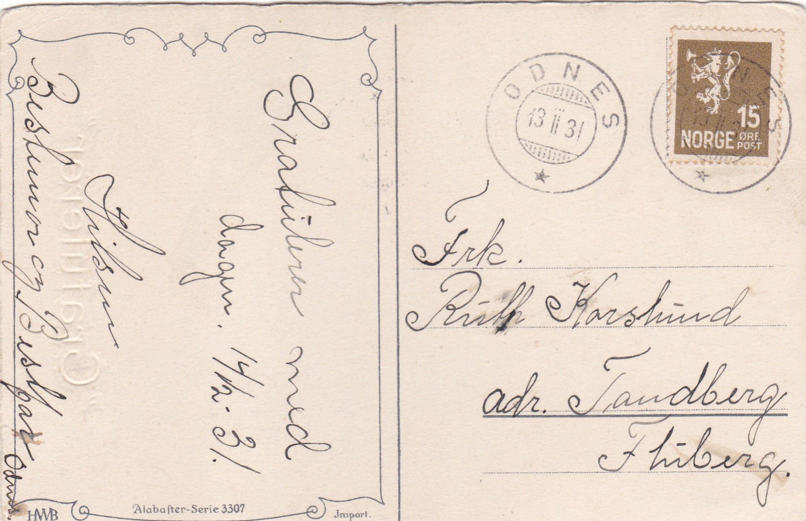 Kort stp ODNES 13 II 31 ( schw.stp)