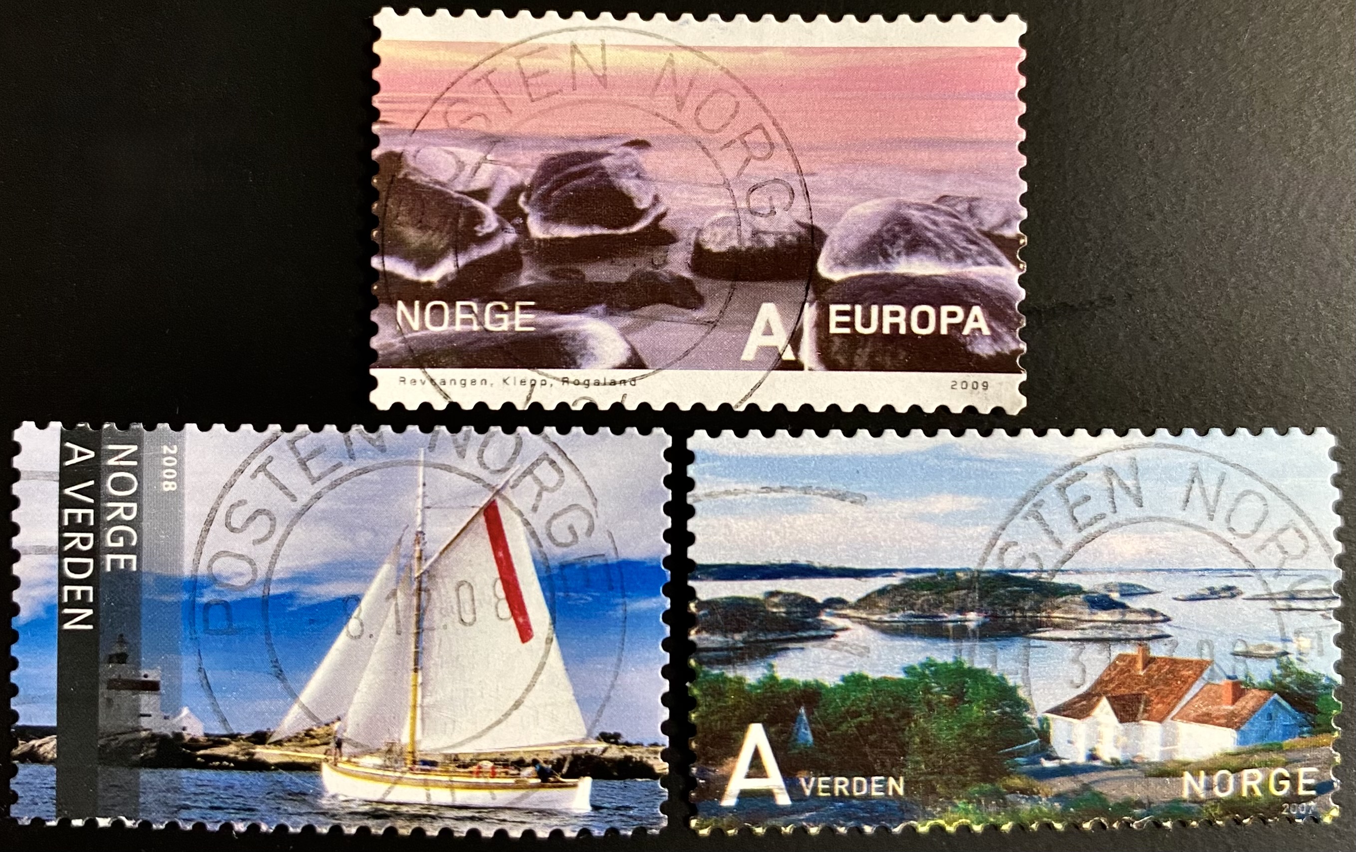 3 merker Stemplet Posten Norge (Europa, Verden)