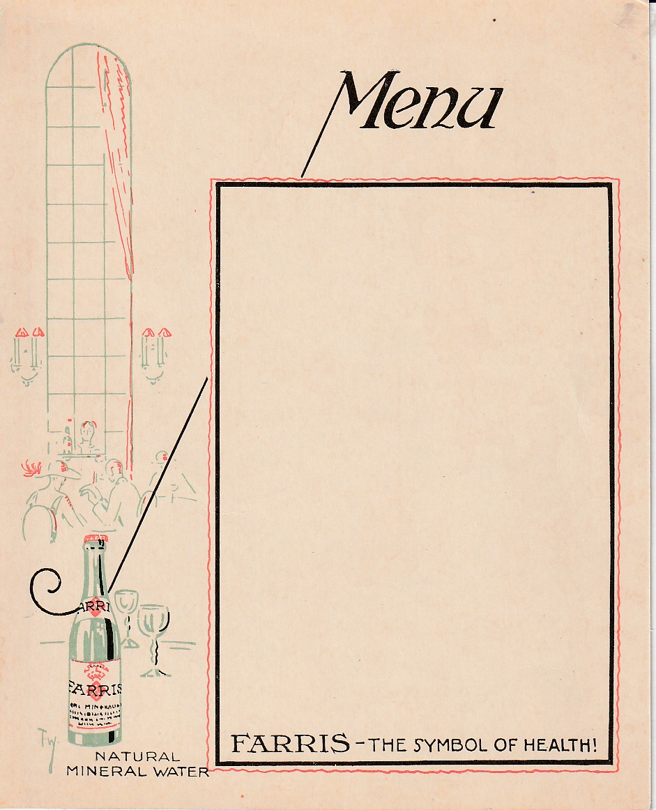 1195 -  FARRIS   MENU  KORT   (  PÅ  ENGELSK)