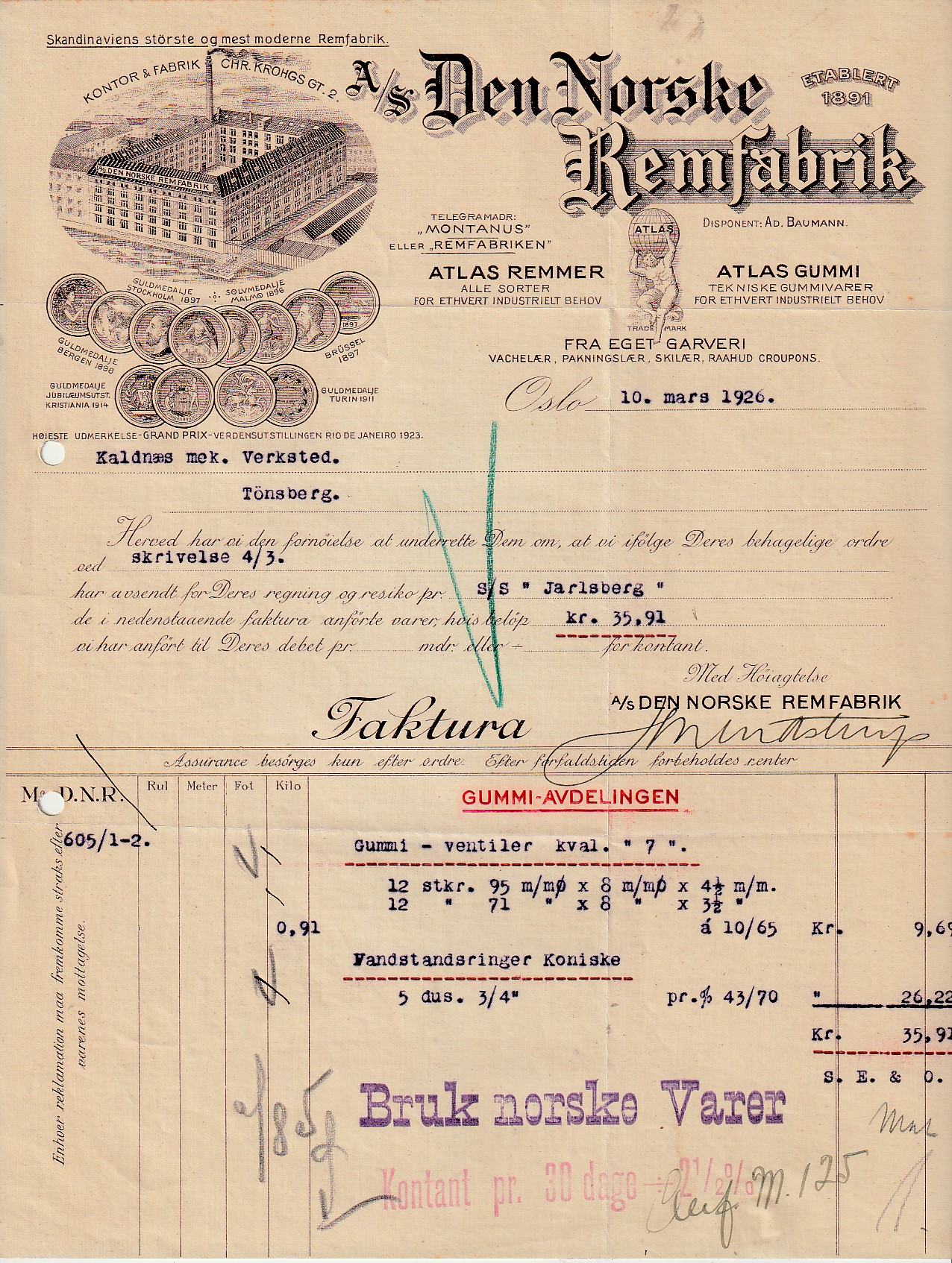 1198 - DEN  NORSKE REMFABRIK -  OSLO  1926