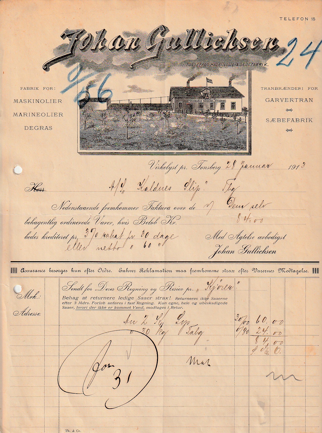 1201- JOHAN GULLIKSEN ( MASKINOLJER) -  TØNSBERG  1913