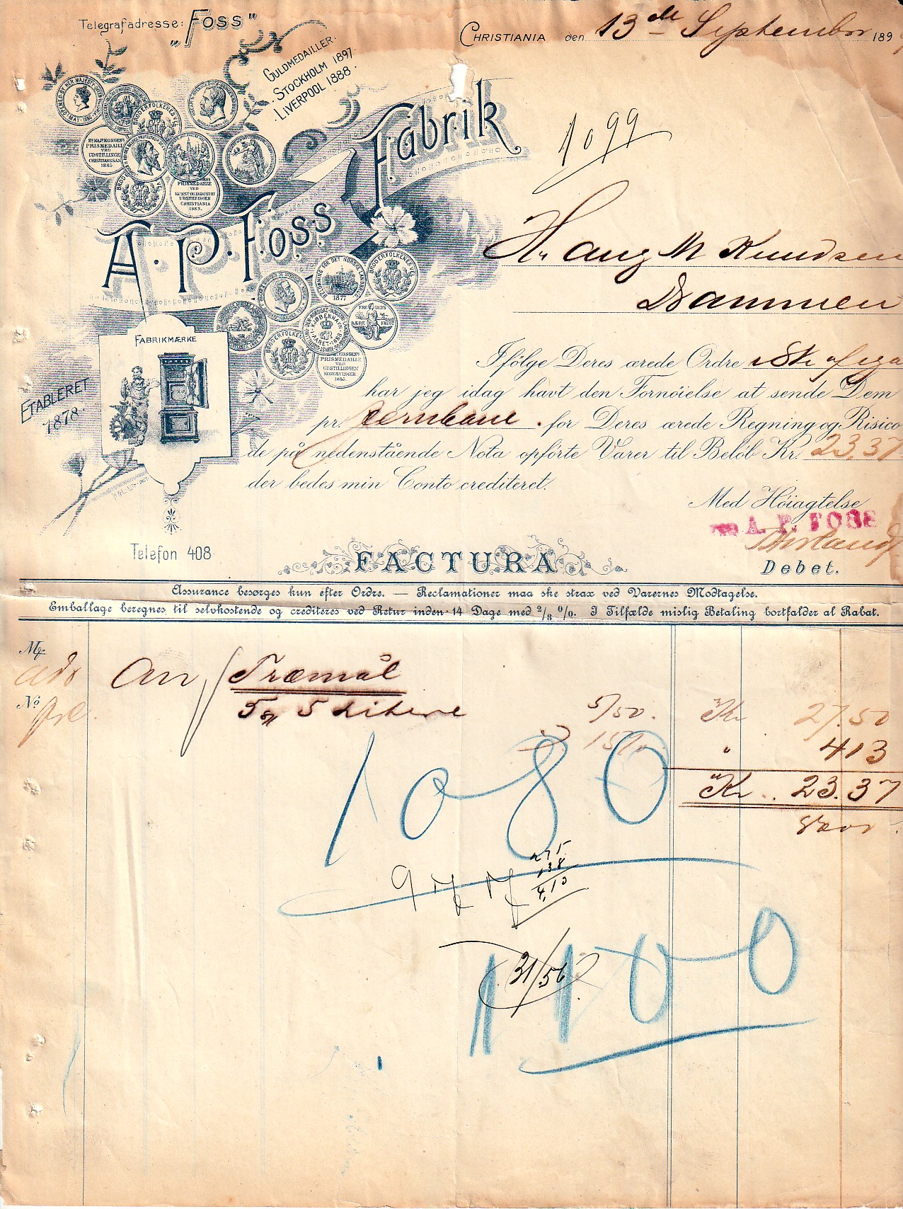 1210 - A.P. FOSS  FABRIK-   CHRISTIANIA  1899