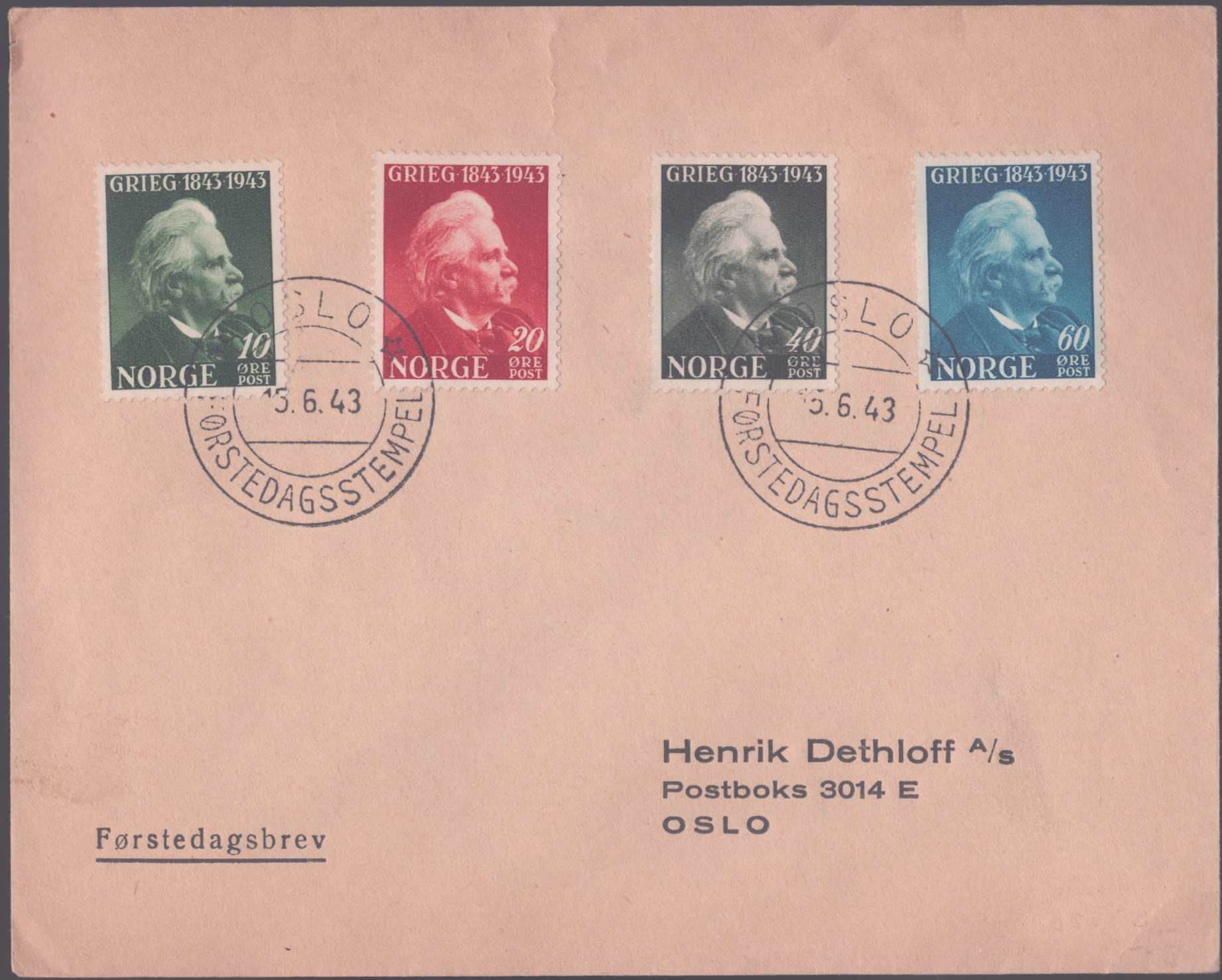 FDC 1943 NK314-NK317 tekstvignett 1