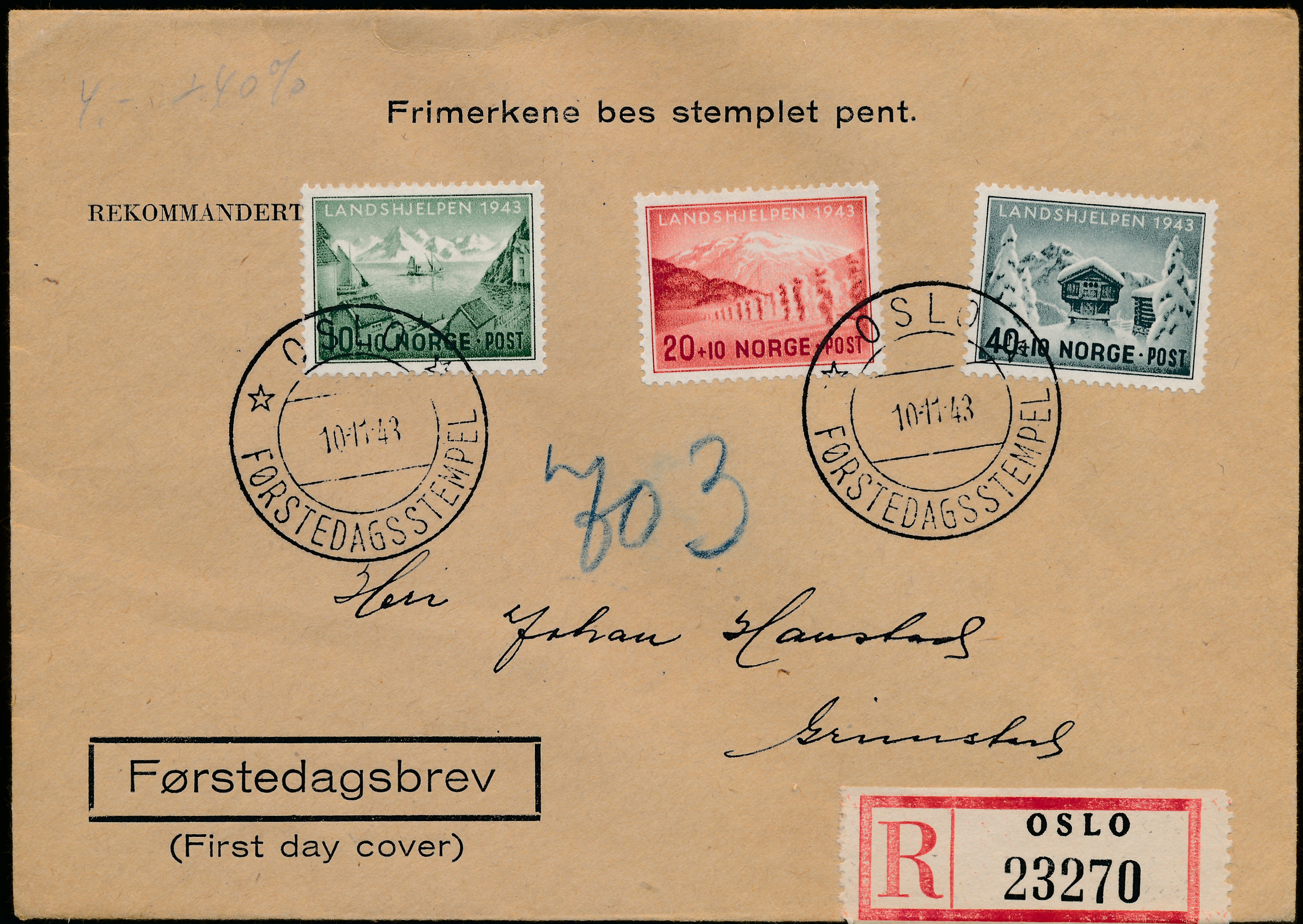 FDC 1943 NK319-NK321 tekstvignett 2 REK