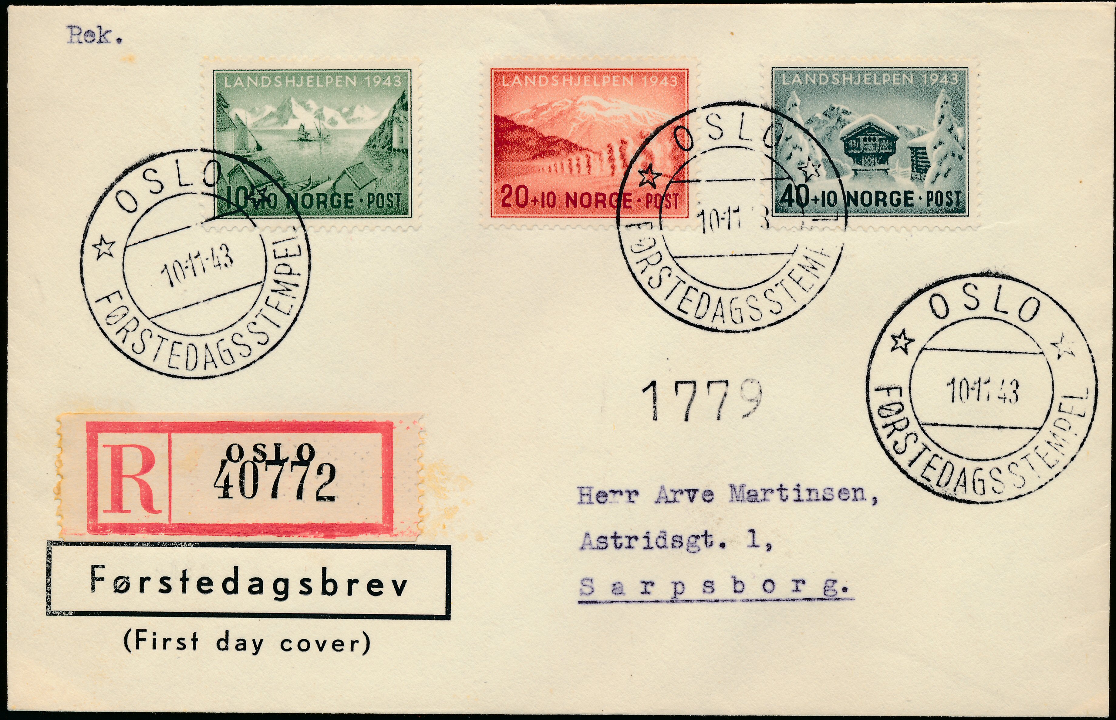 FDC 1943 NK319-NK321 tekstvignett 4 REK