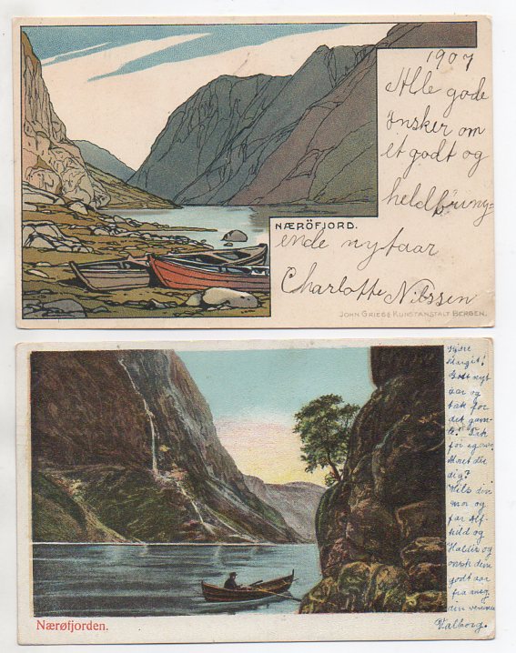2 småformat Nærøfjorden tegnet småformat brukte