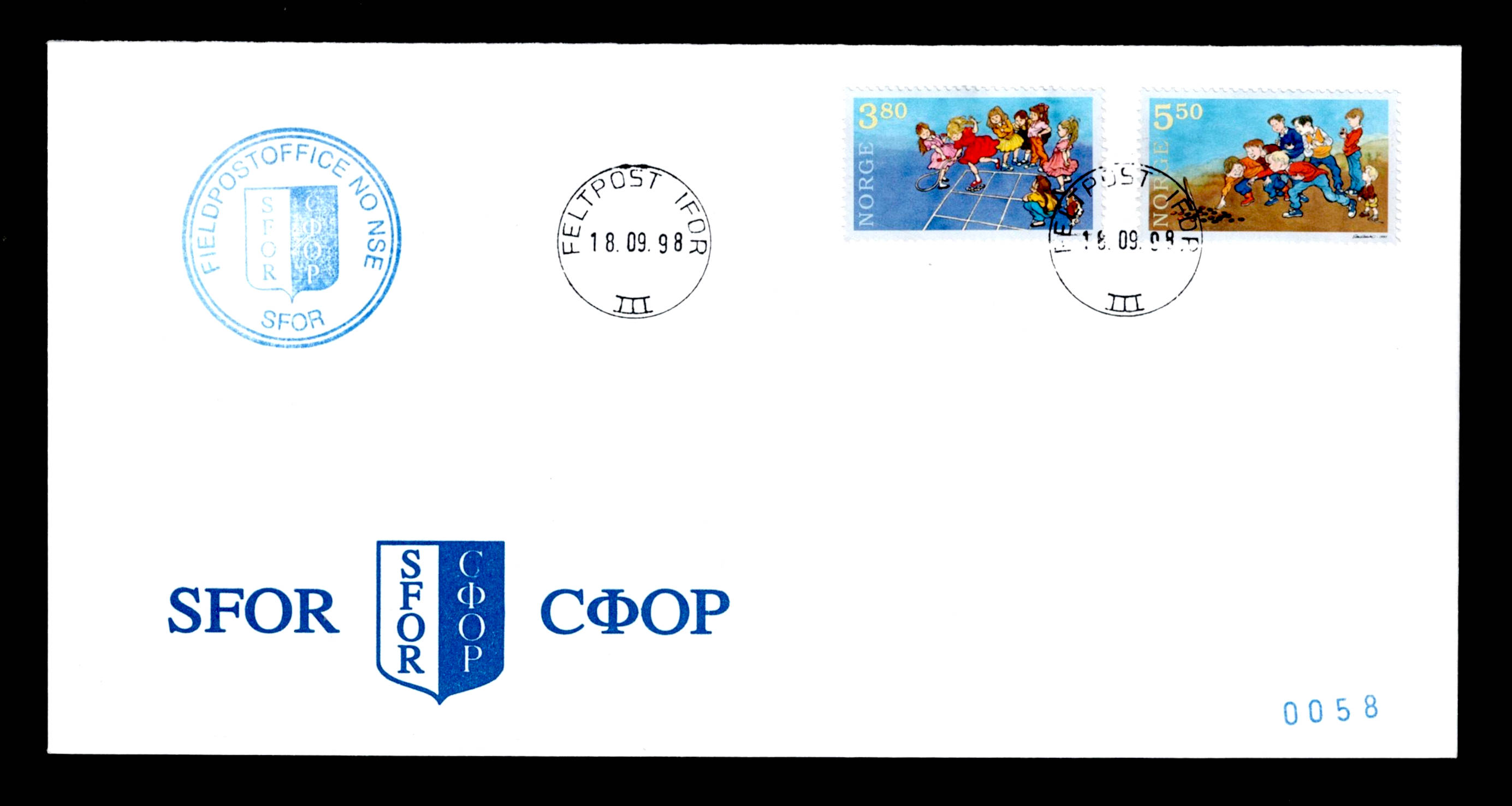 FDC 1998 NK1339-40 FELTPOST IFOR vignet SFOR (uregistrert)