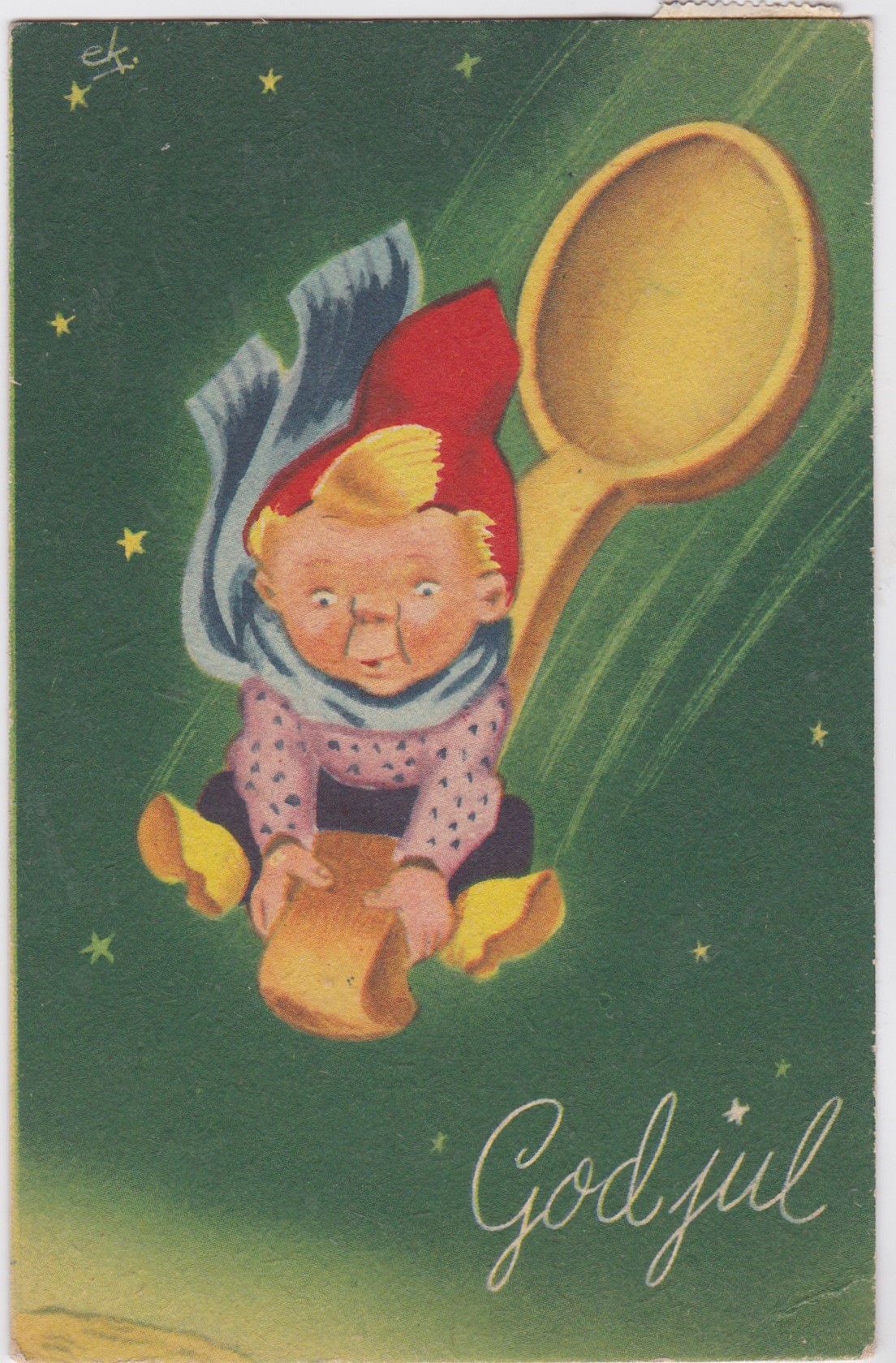 Erik Von Krogh-Liten Nisse flyr på ei skje-Postet 1944-Signert-Meget pent