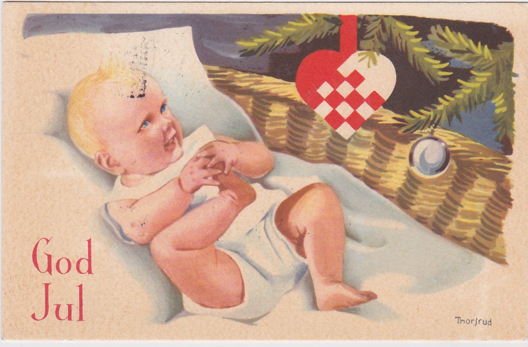 Jørgen Thorsrud-Liten baby gutt beundrer juletreet med pynten-Signert-Meget pent