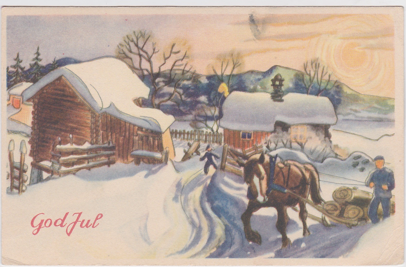 Hesten sliter med tre store tømmerstokker på sleden-1948-Meget pent