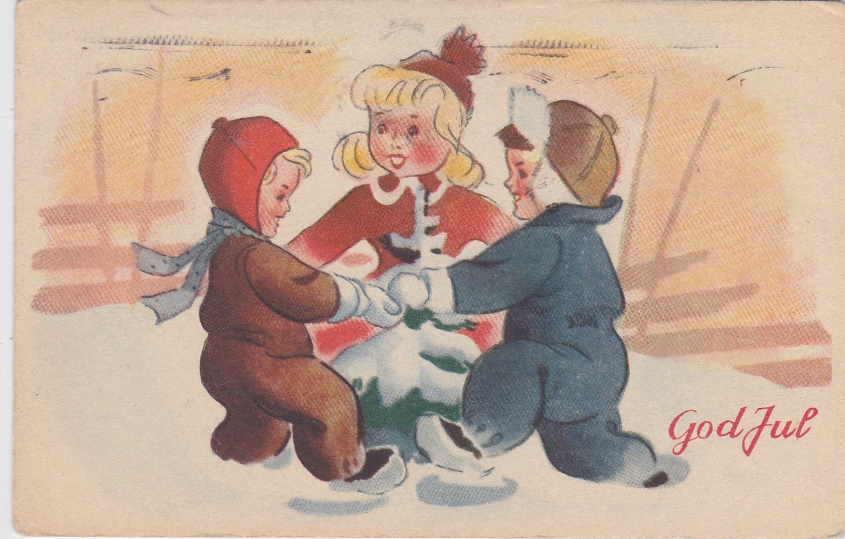 Tre barn går rundt et litet juletre i snøen 1949-Børrehaug & Remen-Postet 1949-Julemerke 1949-Meget pent