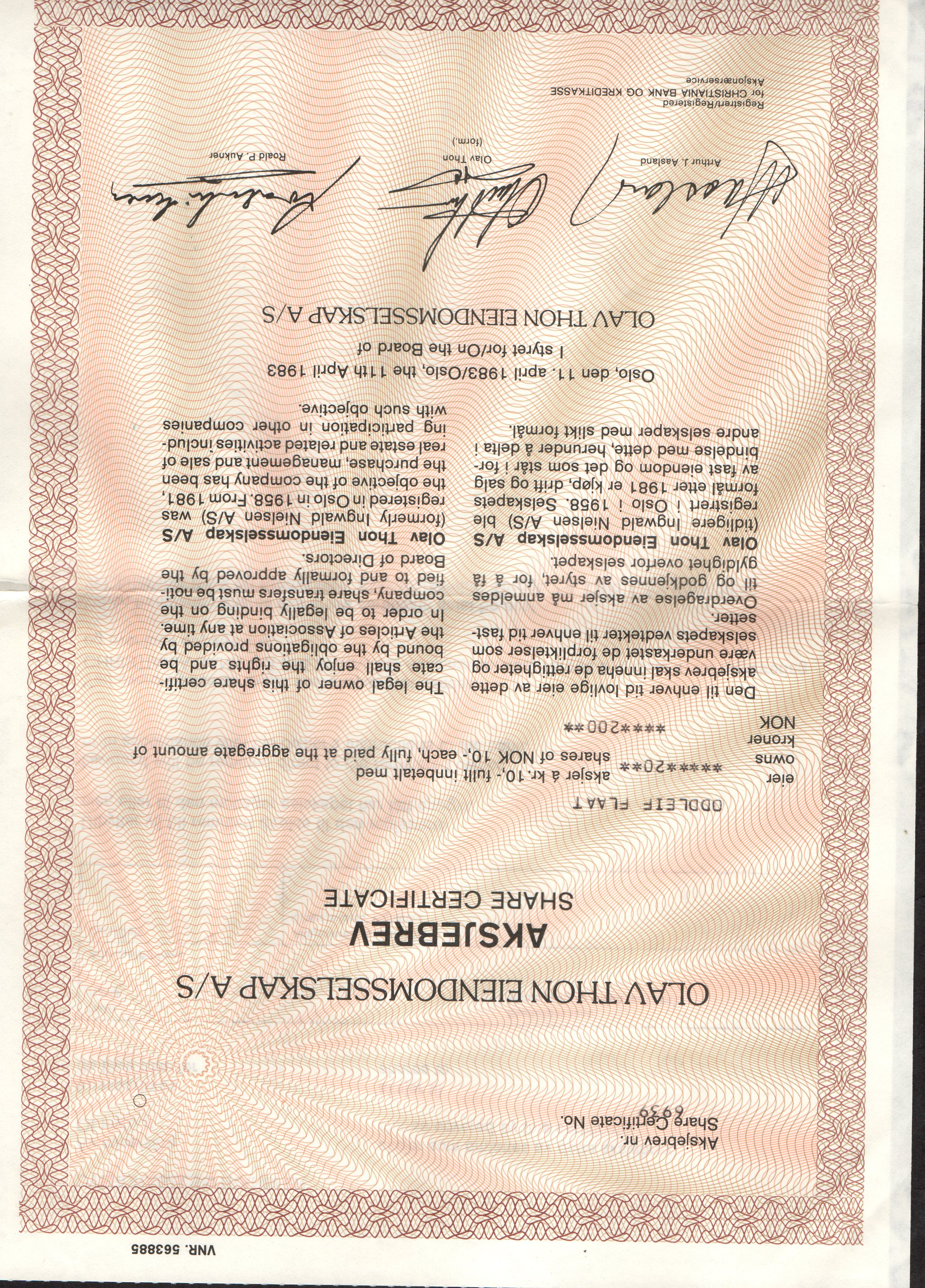 Olav Thon Eiendomsselskap A/S - Aksjebrev 11. april 1983