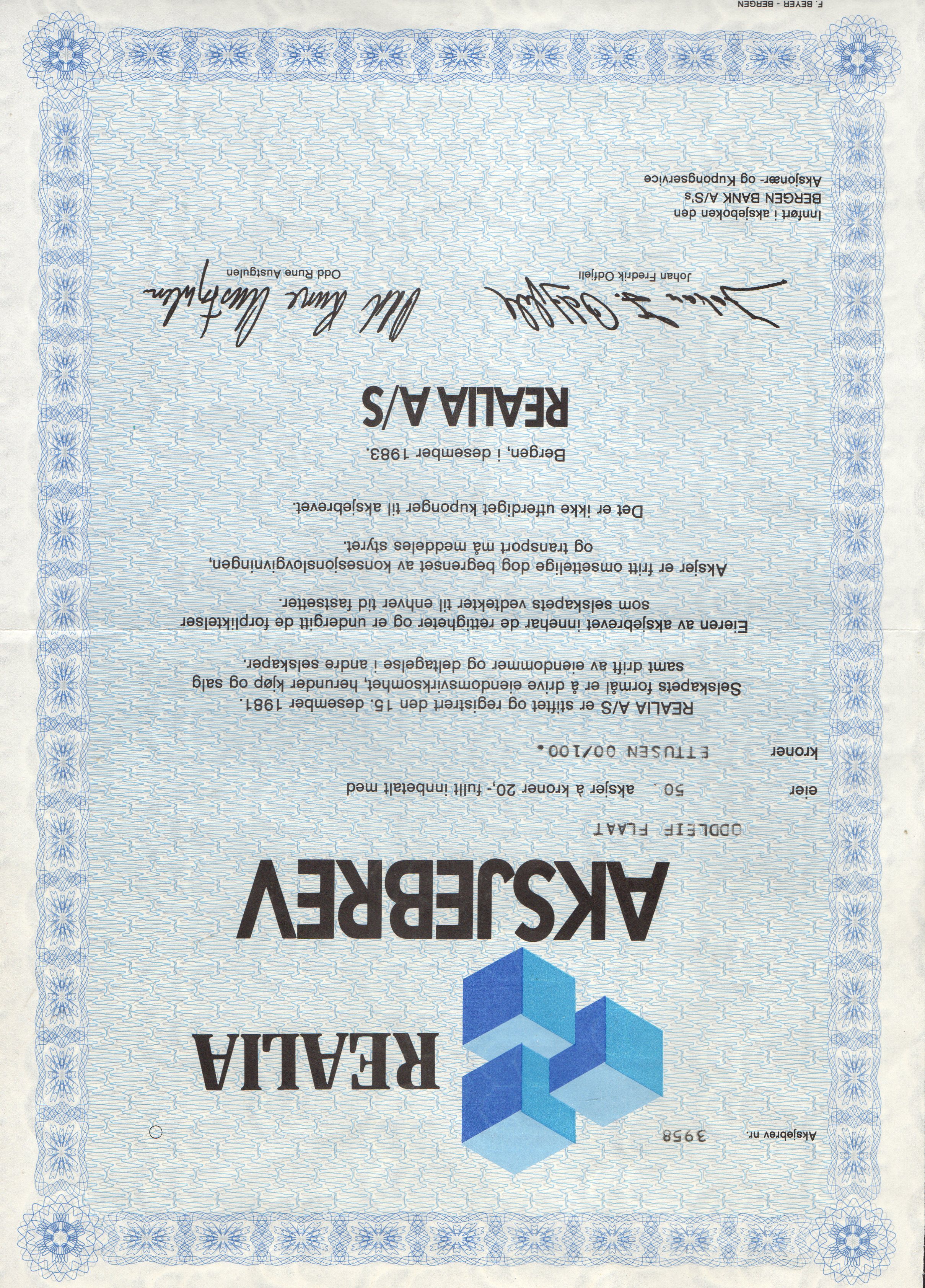Aksjebrev - Realia A/S - Desember 1983