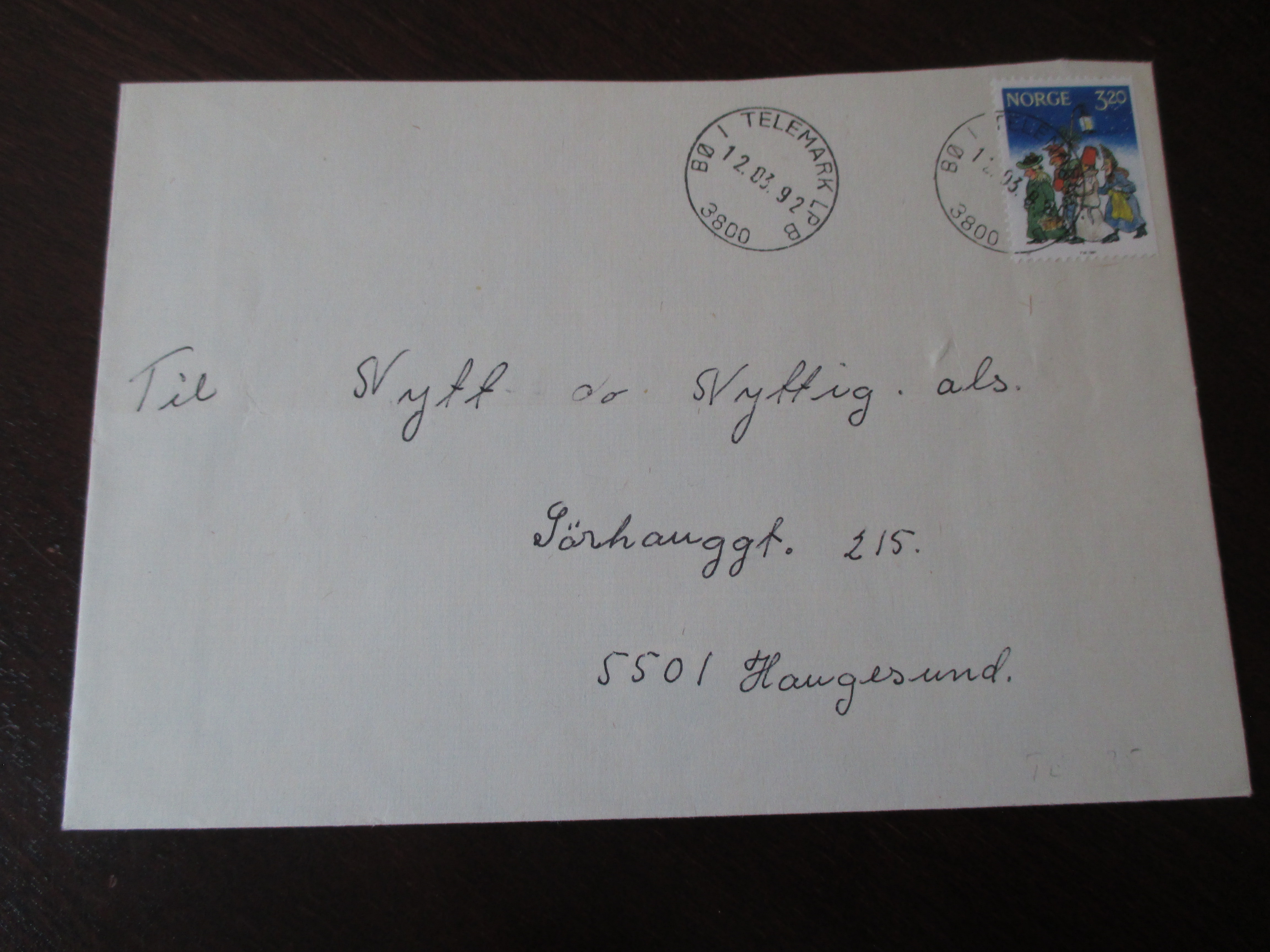 Brev st. Bø i Telemark LP B 12.03.1992. (I24N)